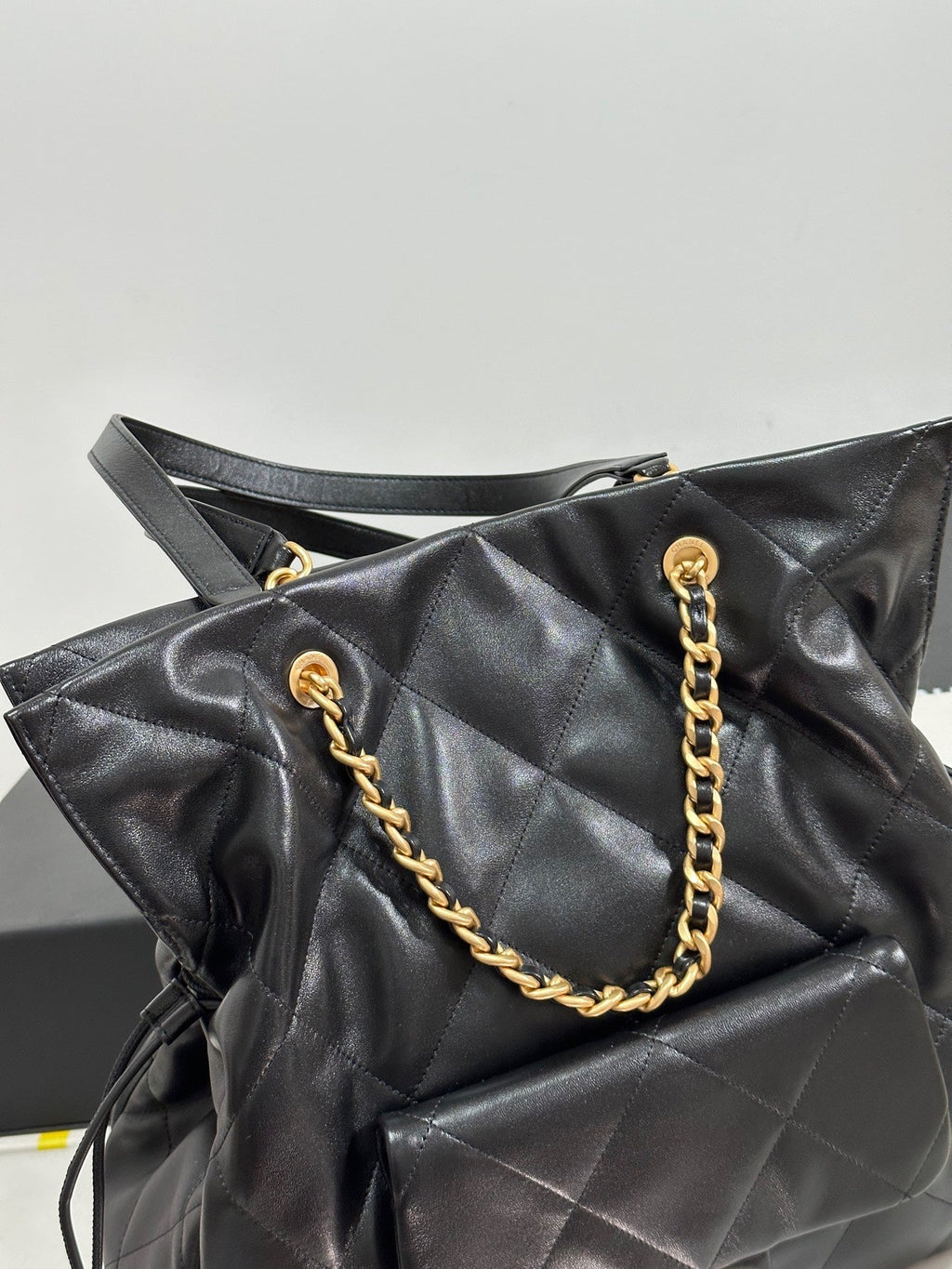 CC 25C DRAWSTRING BACKPACK BLACK LAMBSKIN GOLD HARDWARE 243655