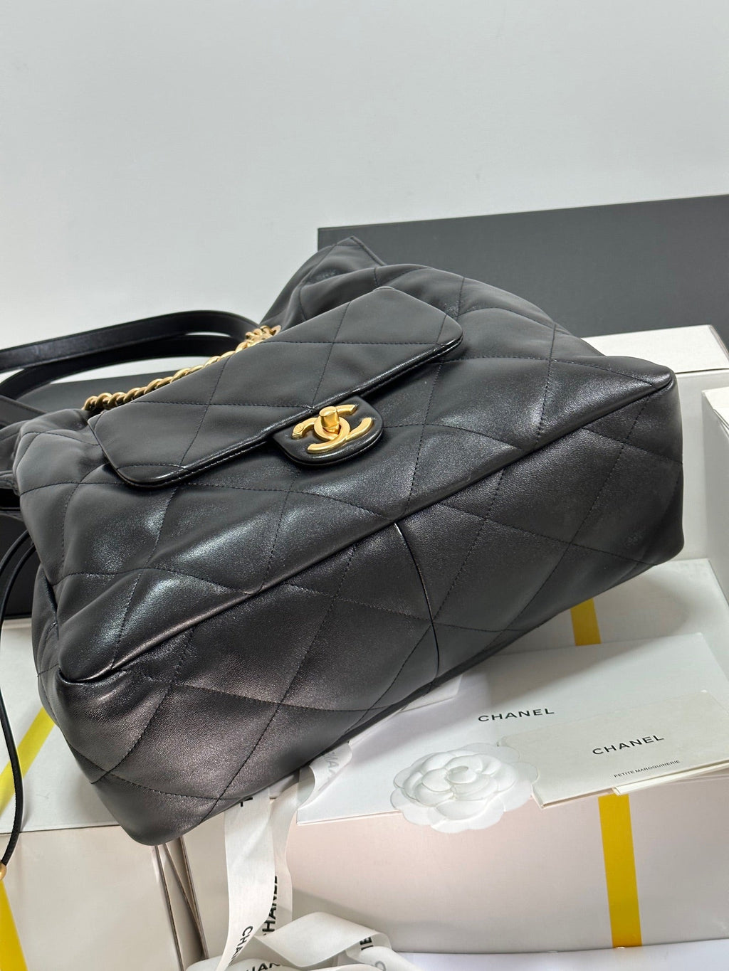 CC 25C DRAWSTRING BACKPACK BLACK LAMBSKIN GOLD HARDWARE 243655