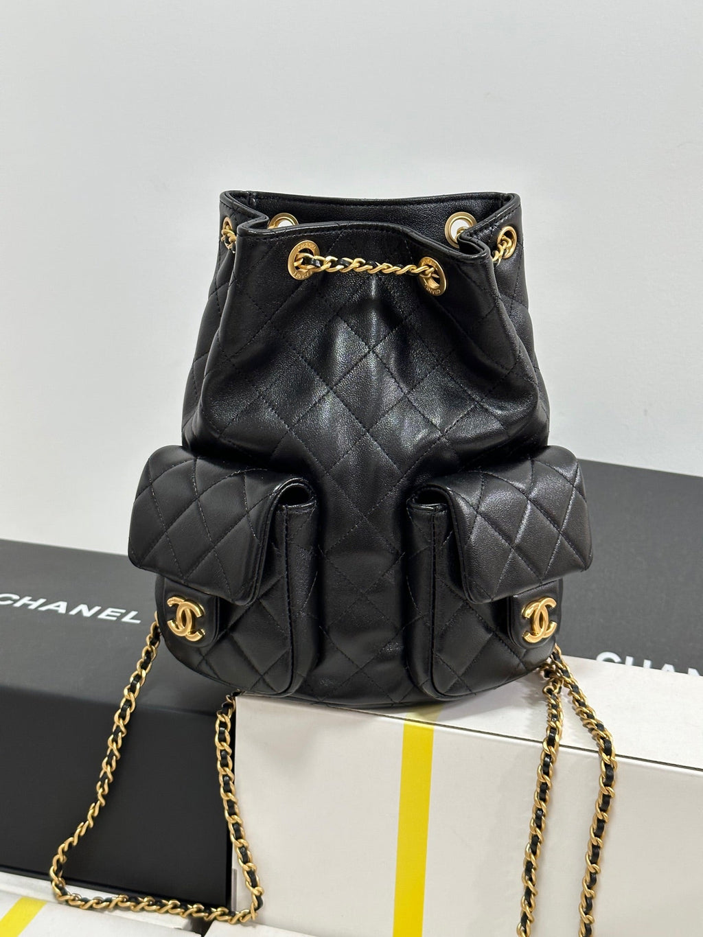 CC 25C BACKPACK 24.3CM BLACK GENUINE LAMBSKIN GOLD HARDWARE243672