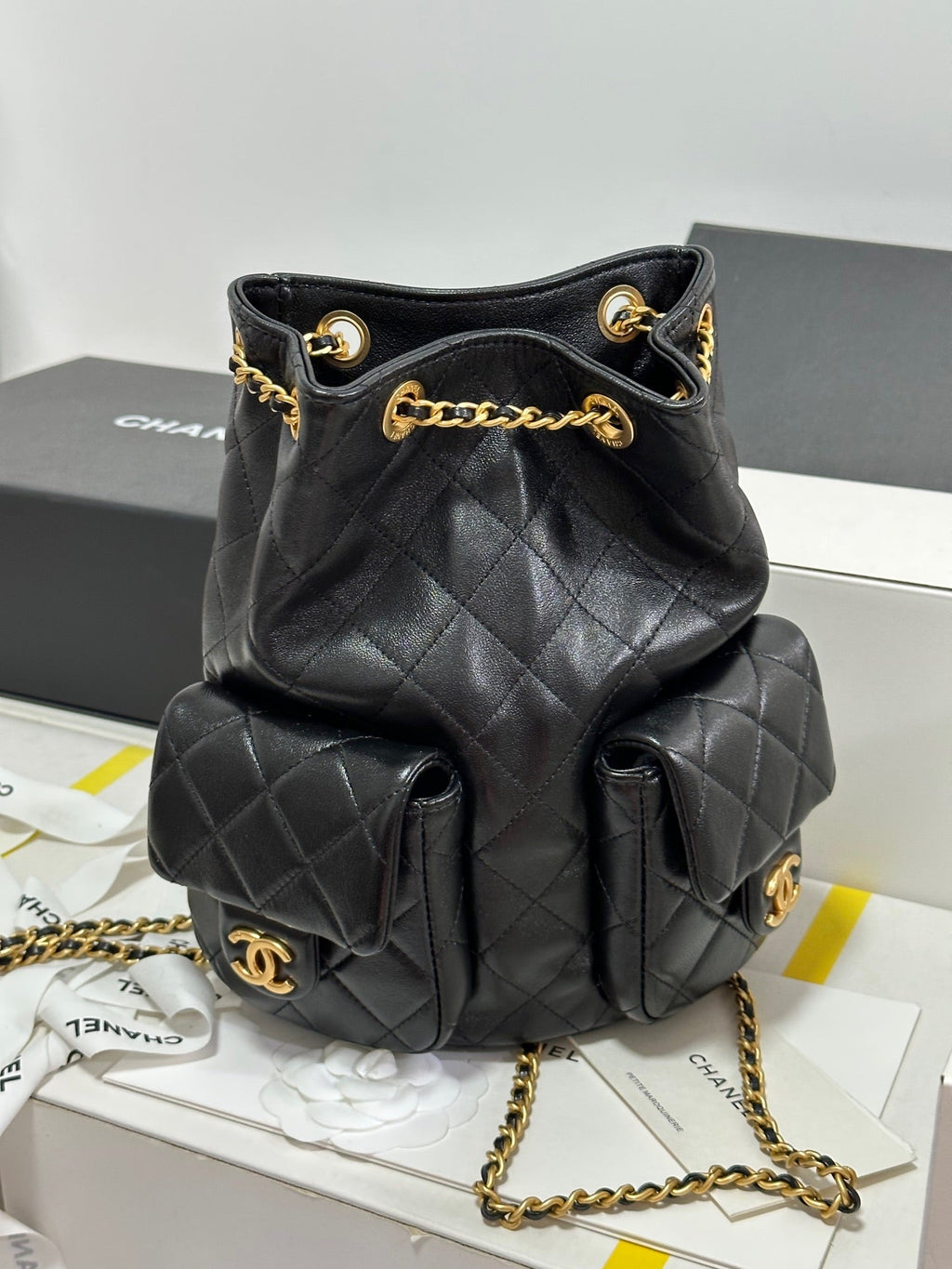 CC 25C BACKPACK 24.3CM BLACK GENUINE LAMBSKIN GOLD HARDWARE243672