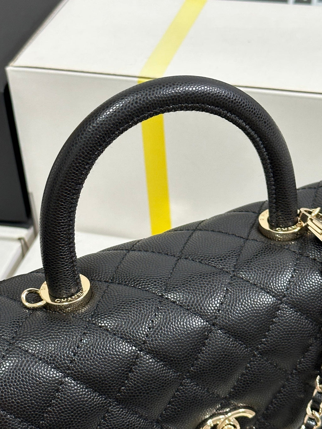 CC COCO HANDLE FLAP BAG 24 BLACK QUILTED CAVIAR LIGHT GOLD HARDWARE 243475