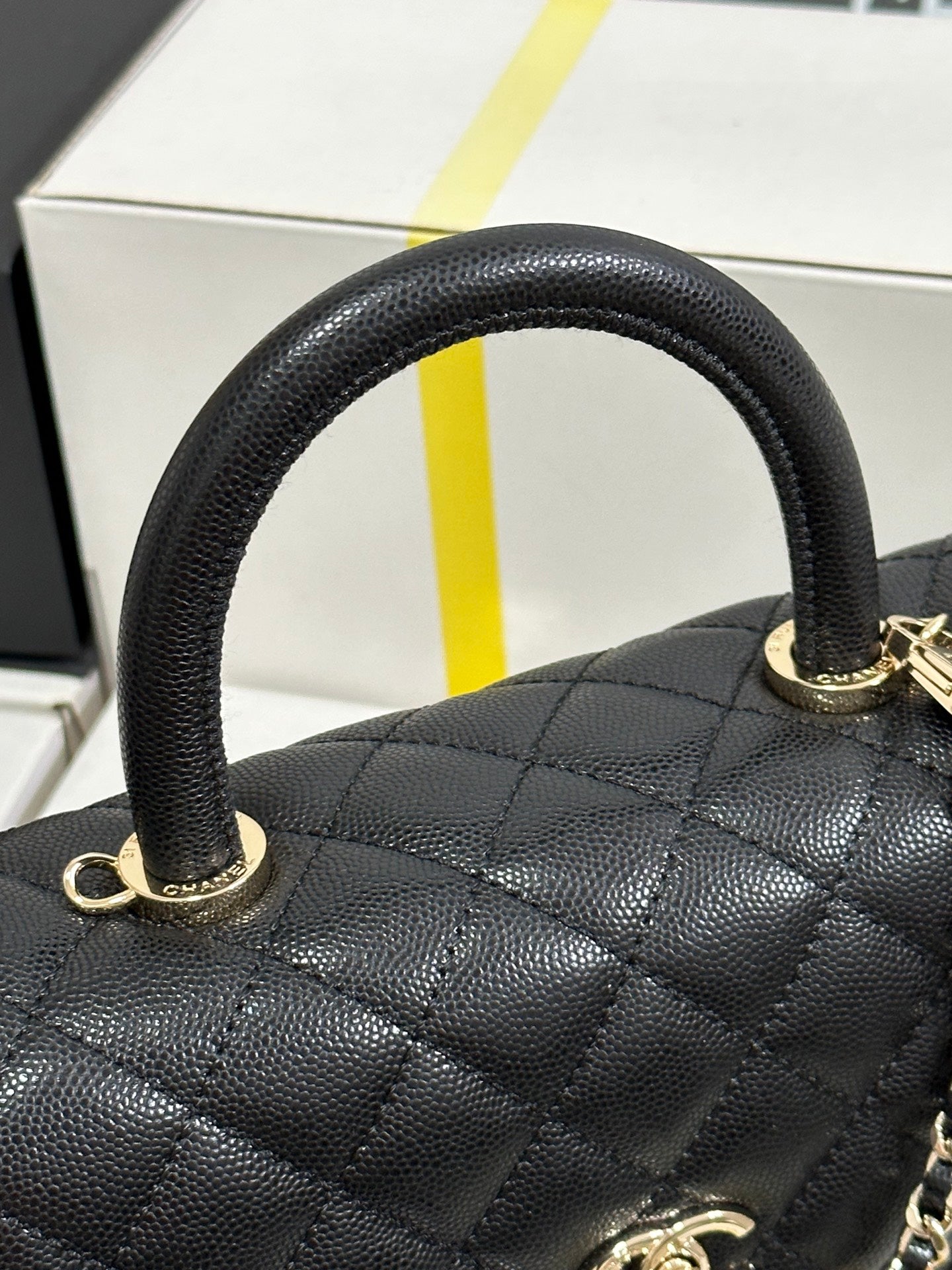 CC COCO HANDLE FLAP BAG 24 BLACK QUILTED CAVIAR LIGHT GOLD HARDWARE 243475