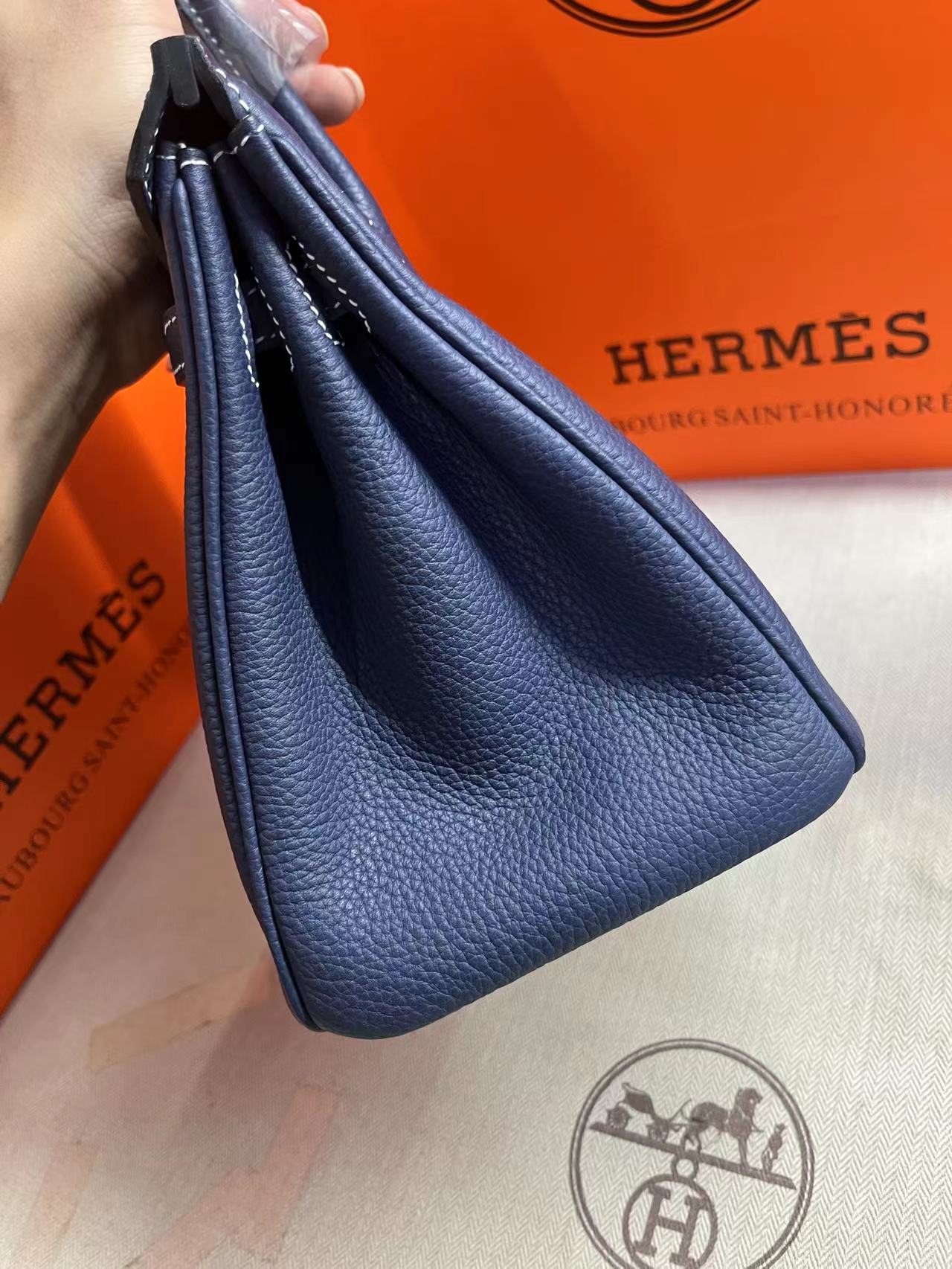 HM BIRKIN 25CM BLEU MARINE CUIR TOGO QUINCAILLERIE ARGENTÉE