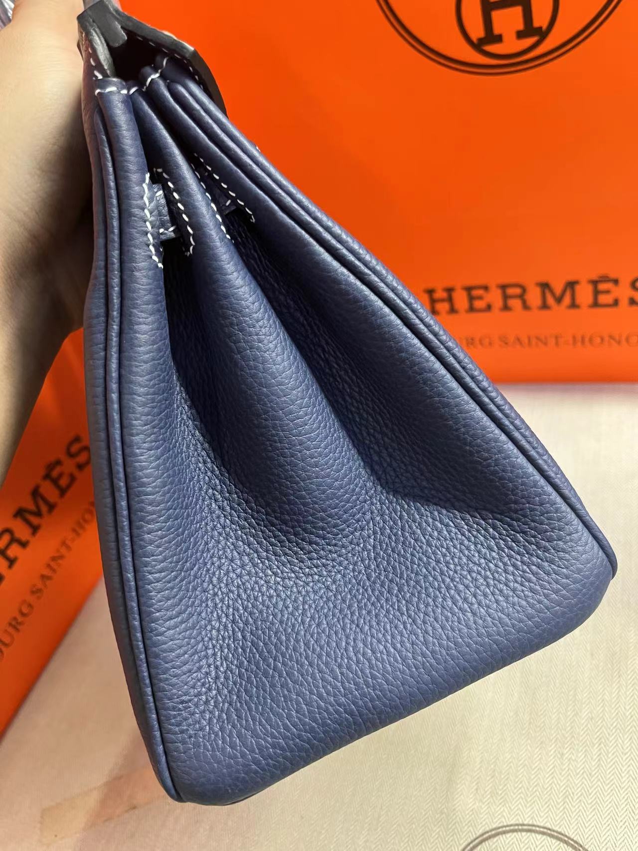 HM BIRKIN 25CM BLEU MARINE CUIR TOGO QUINCAILLERIE ARGENTÉE
