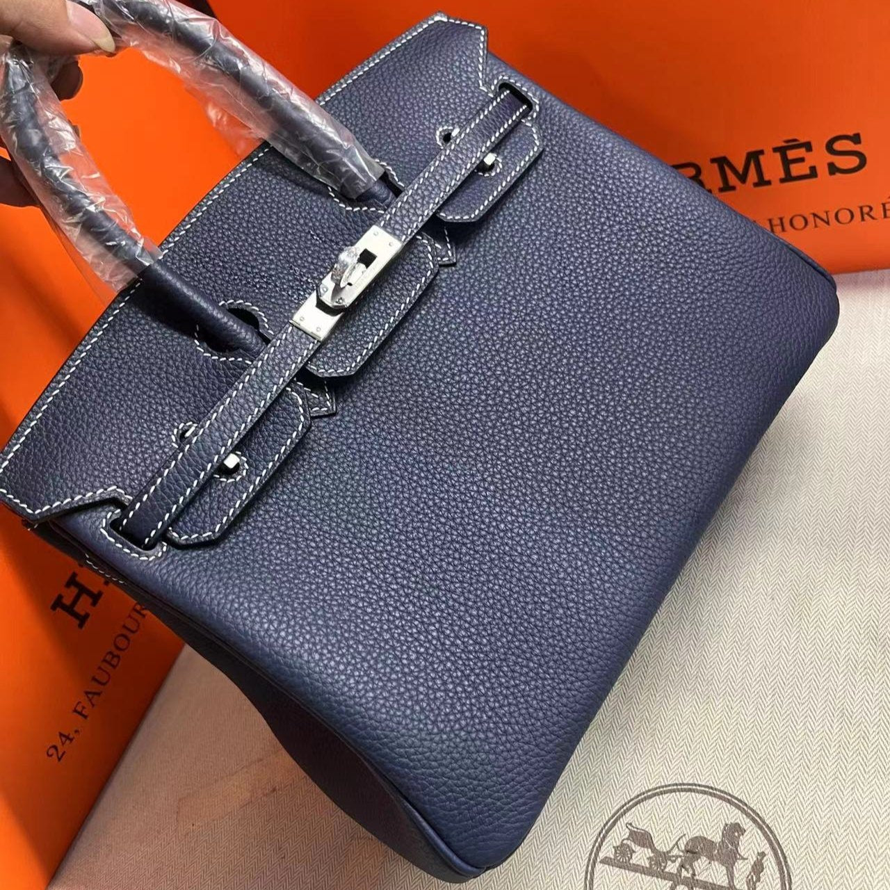 HM BIRKIN 25CM BLEU MARINE CUIR TOGO QUINCAILLERIE ARGENTÉE