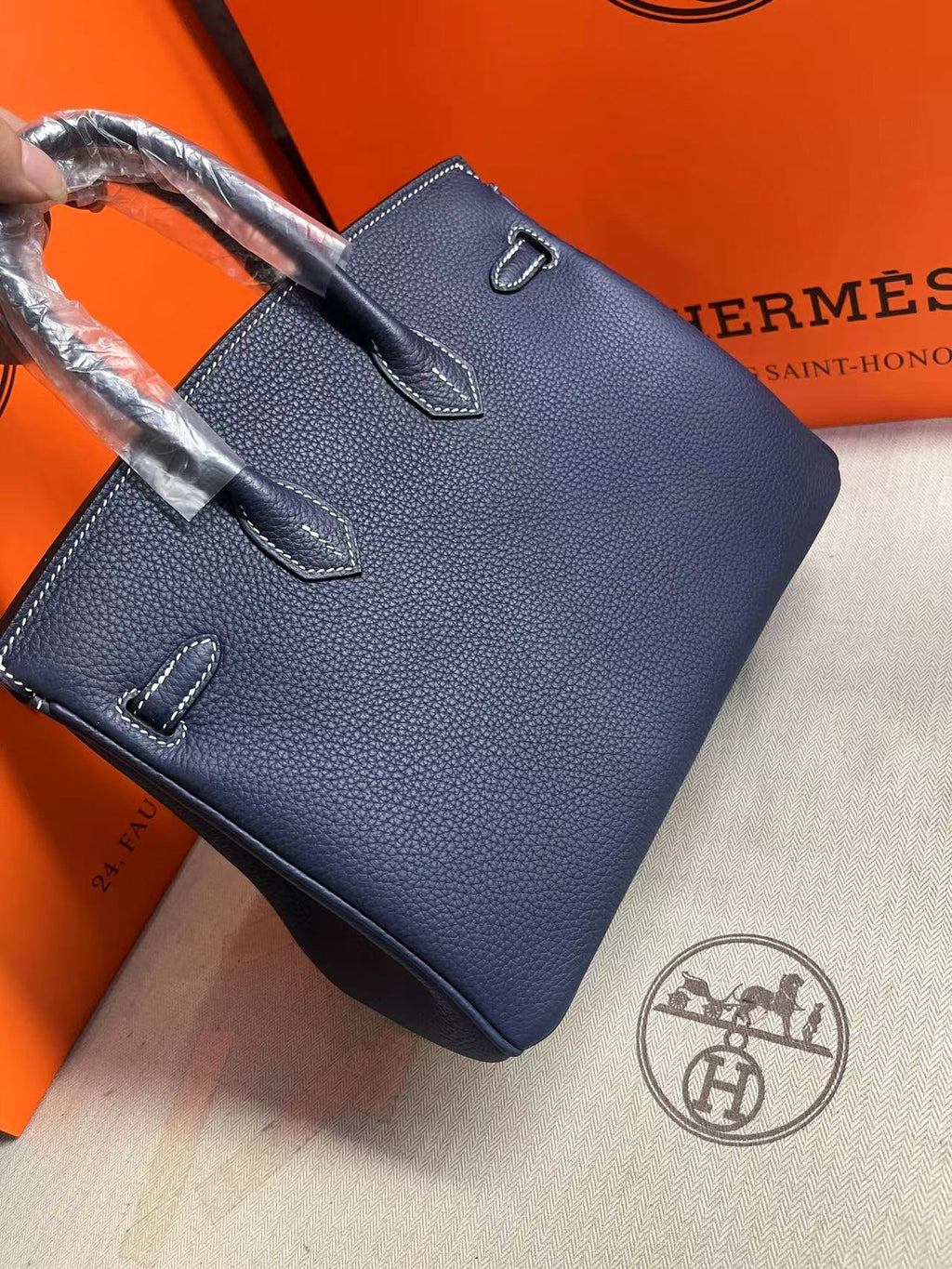 HM BIRKIN 25CM BLEU MARINE CUIR TOGO QUINCAILLERIE ARGENTÉE