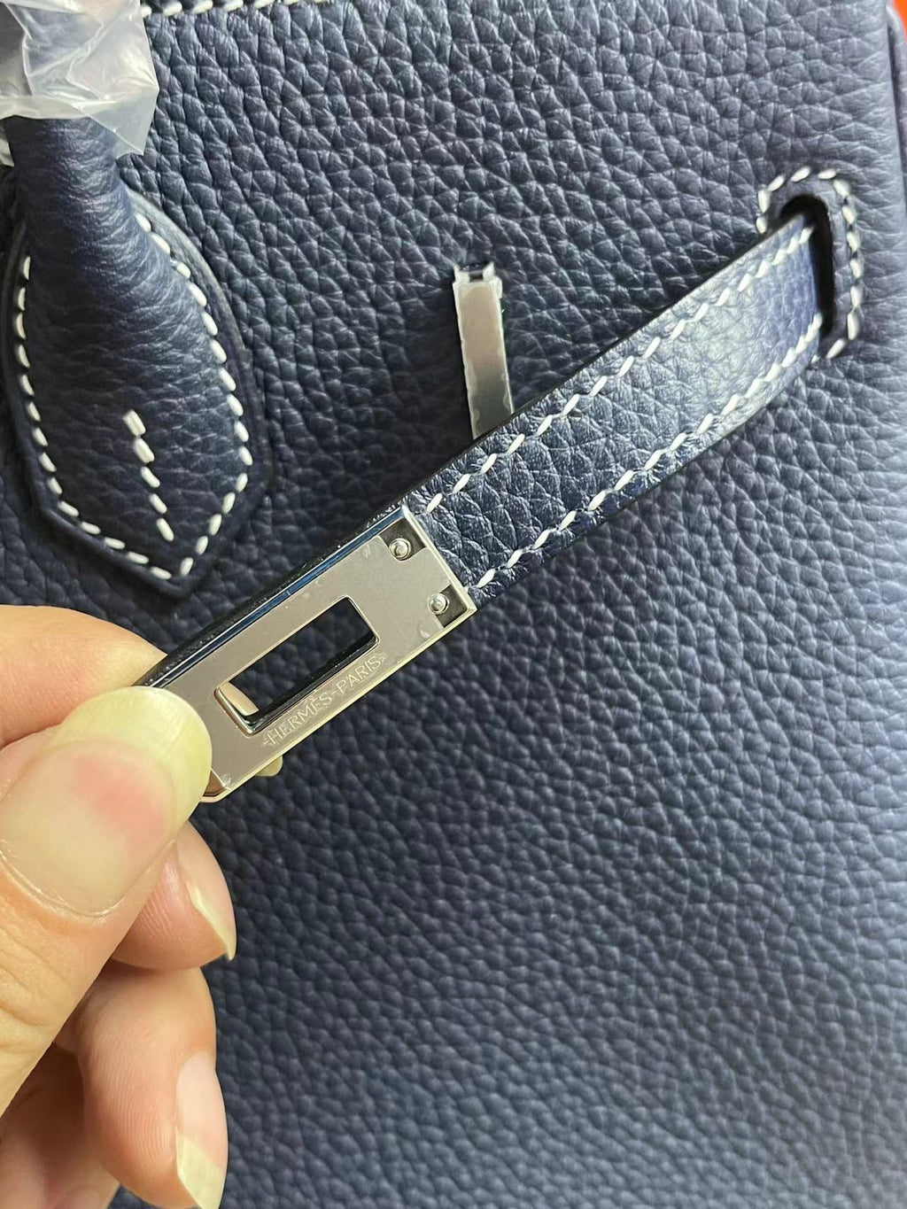 HM BIRKIN 25CM BLEU MARINE CUIR TOGO QUINCAILLERIE ARGENTÉE
