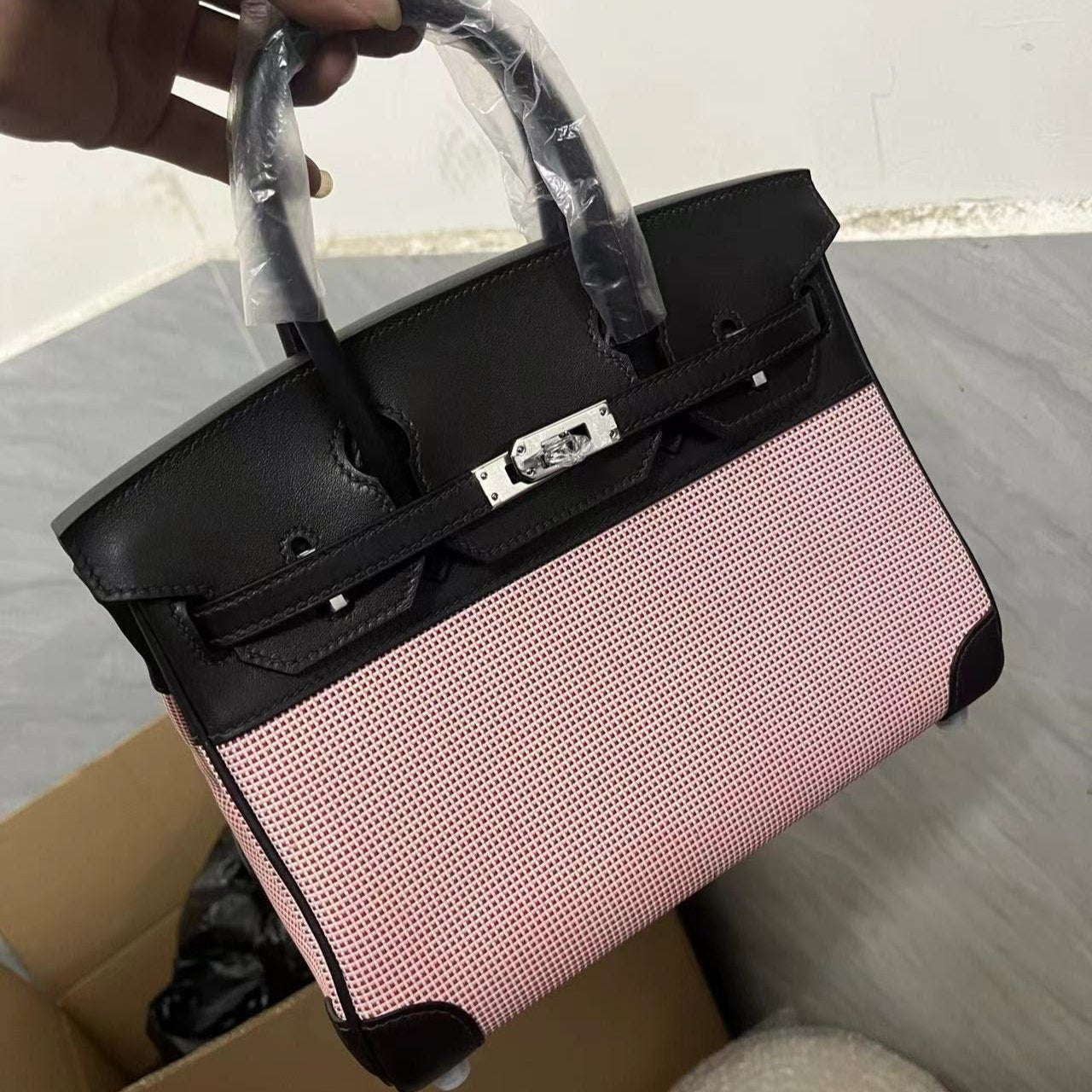 HM QUADRILLE BIRKIN 25CM CUIR SWIFT NOIR TOILE ROSE