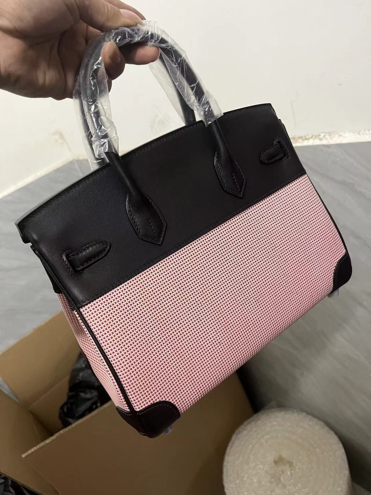 HM QUADRILLE BIRKIN 25CM CUIR SWIFT NOIR TOILE ROSE