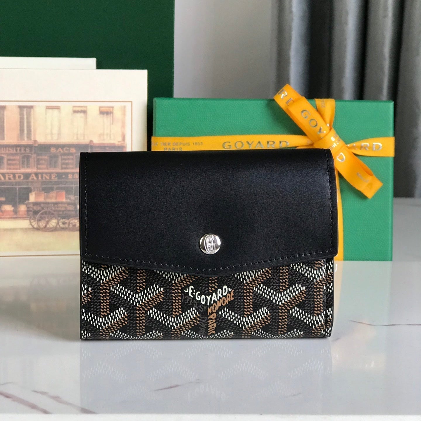 PORTEFEUILLE SAINT-GABRIEL 12 EN CUIR DE VEAU NOIR ET TOILE GOYARDINE