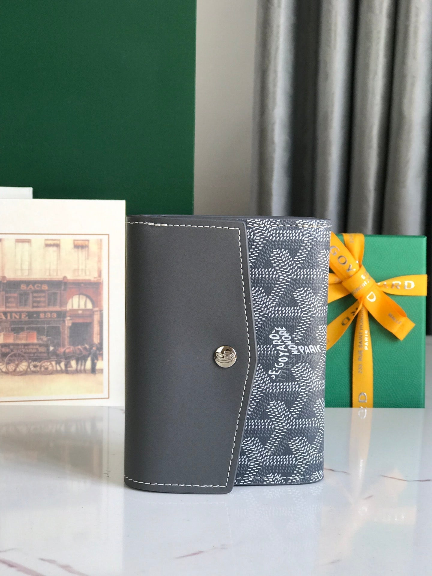PORTEFEUILLE SAINT-GABRIEL 12 EN CUIR DE VEAU GRIS ET TOILE GOYARDINE