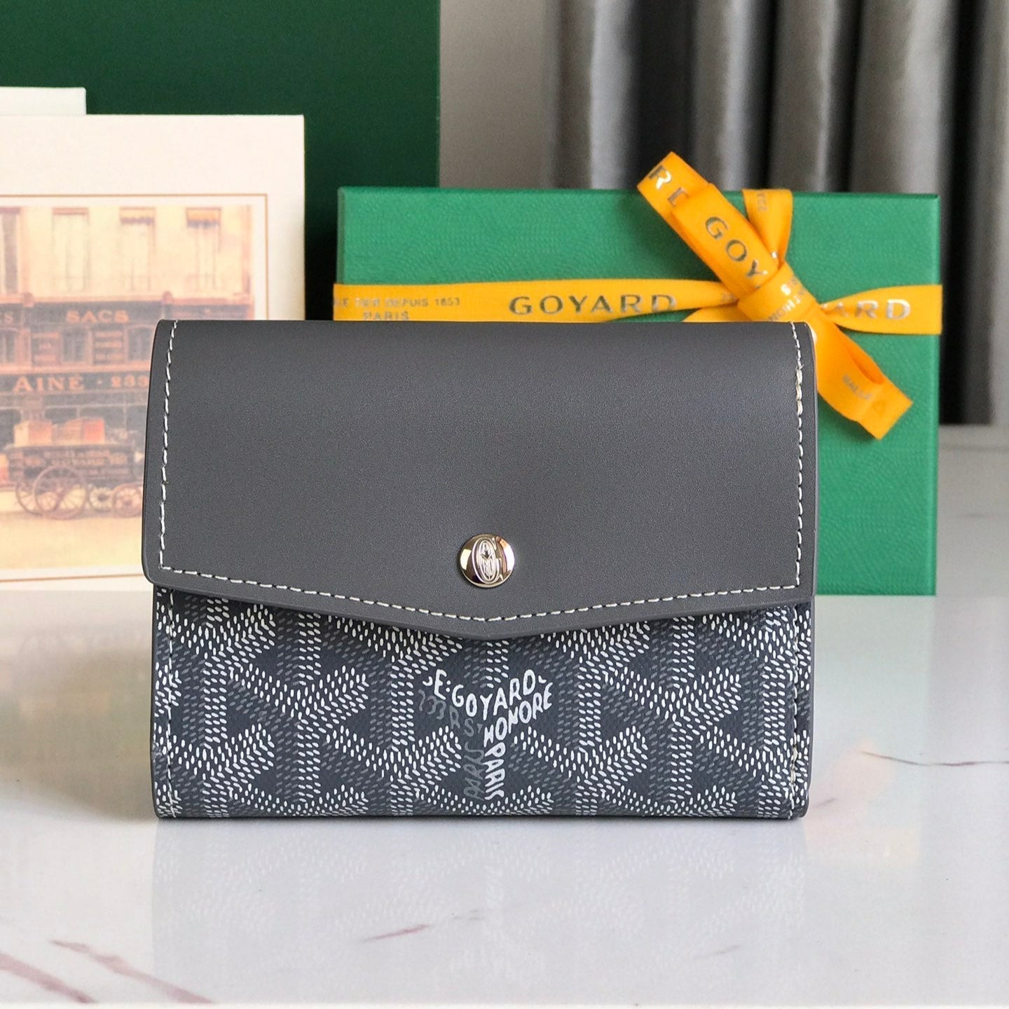 PORTEFEUILLE SAINT-GABRIEL 12 EN CUIR DE VEAU GRIS ET TOILE GOYARDINE
