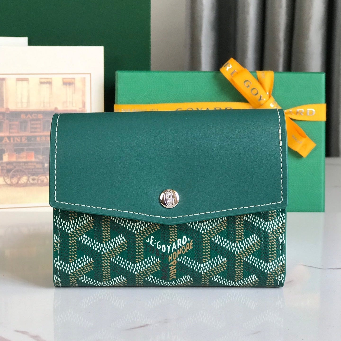 PORTEFEUILLE SAINT-GABRIEL 12 EN CUIR DE VEAU VERT ET TOILE GOYARDINE