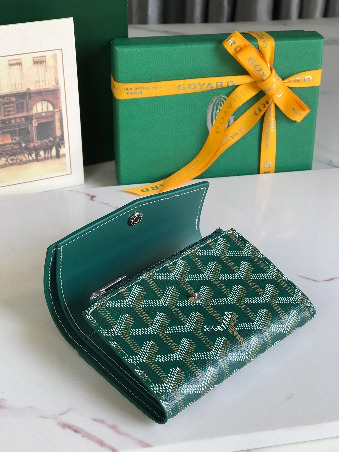 PORTEFEUILLE SAINT-GABRIEL 12 EN CUIR DE VEAU VERT ET TOILE GOYARDINE