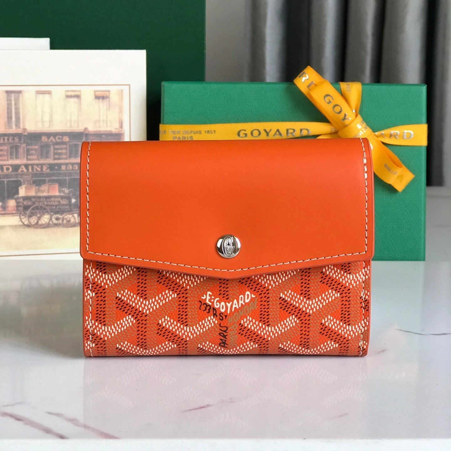 PORTEFEUILLE SAINT-GABRIEL 12 EN CUIR DE VEAU ORANGE ET TOILE GOYARDINE