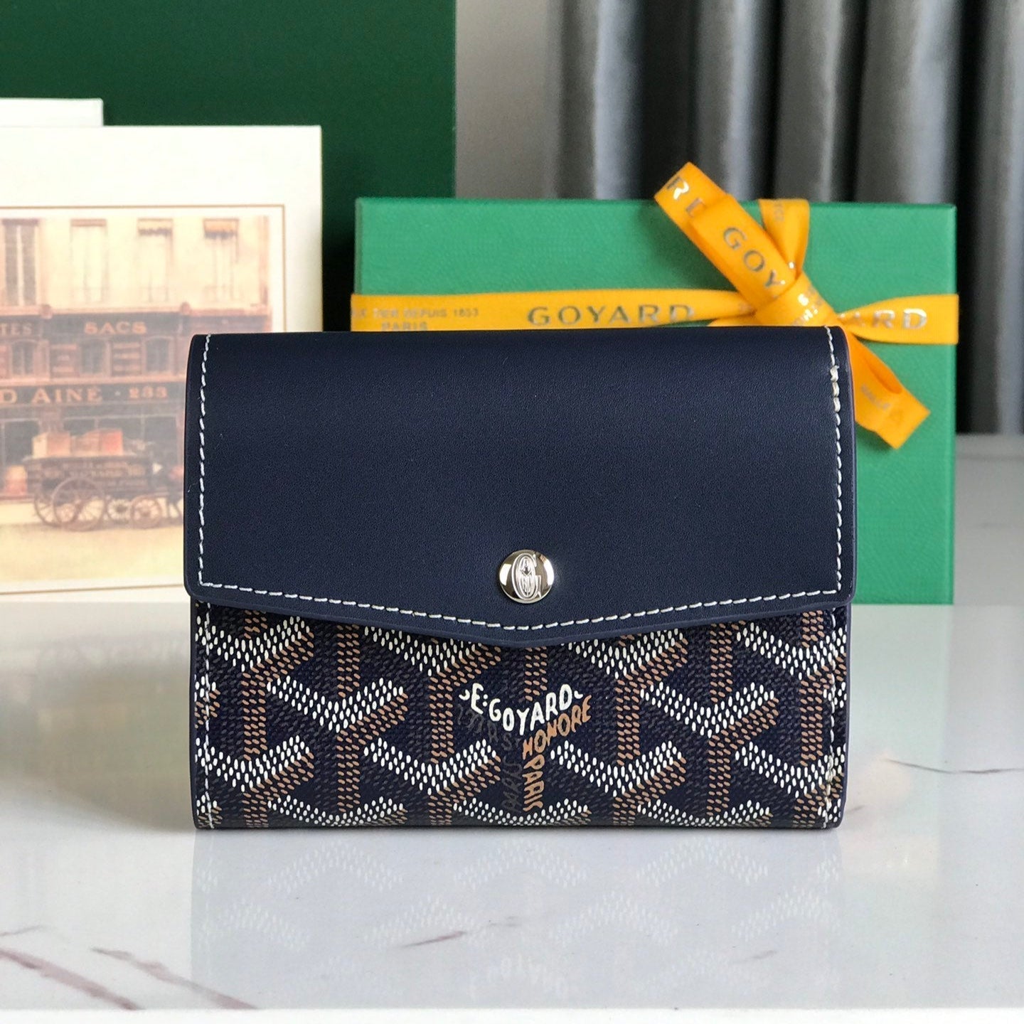 PORTEFEUILLE SAINT-GABRIEL 12 EN CUIR DE VEAU BLEU MARINE ET TOILE GOYARDINE