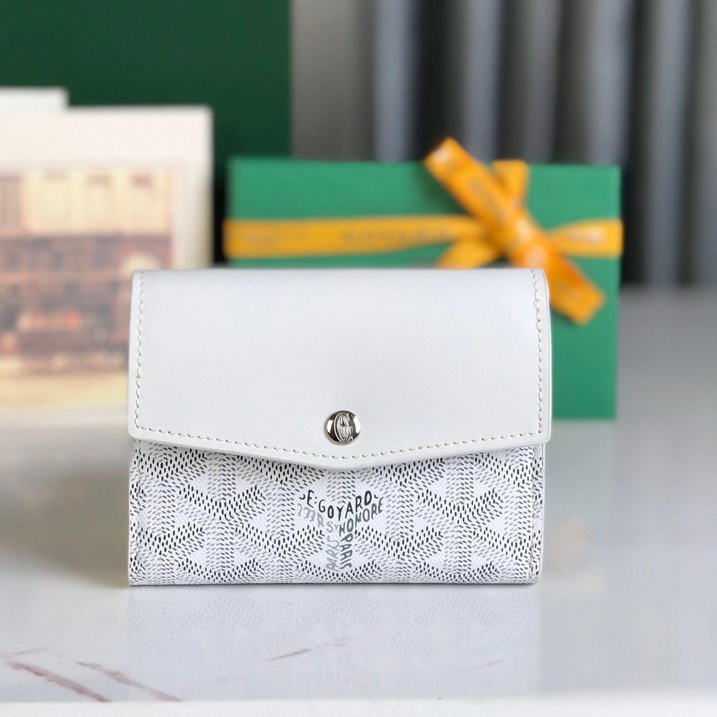 PORTEFEUILLE SAINT-GABRIEL 12 EN CUIR DE VEAU BLANC ET TOILE GOYARDINE