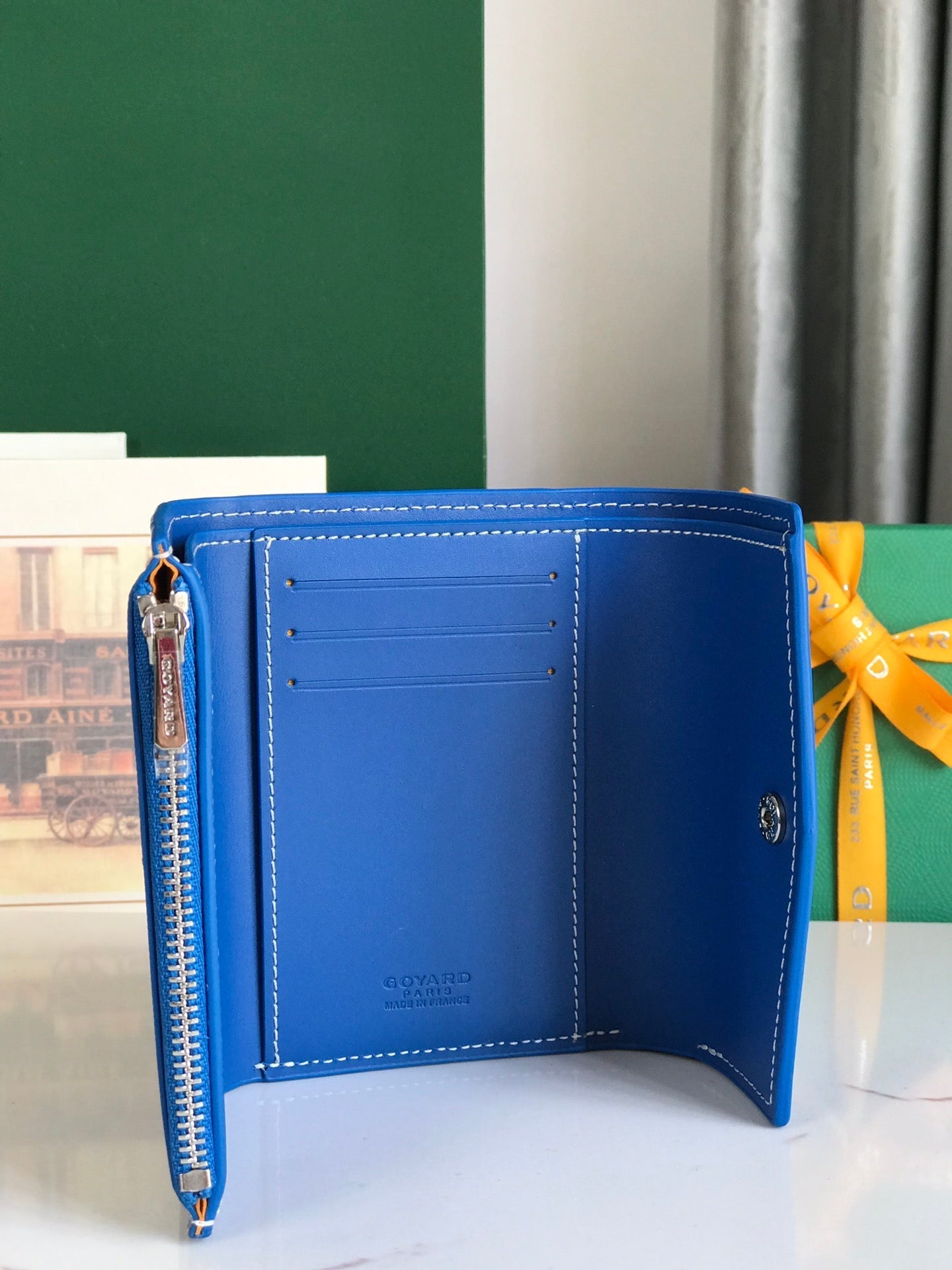 PORTEFEUILLE SAINT-GABRIEL 12 EN CUIR DE VEAU BLEU SAPHIR ET TOILE GOYARDINE