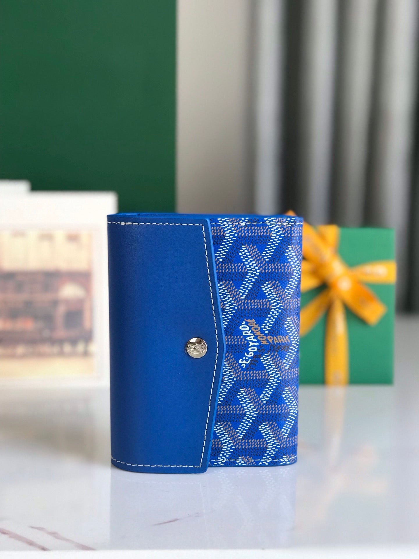 PORTEFEUILLE SAINT-GABRIEL 12 EN CUIR DE VEAU BLEU SAPHIR ET TOILE GOYARDINE