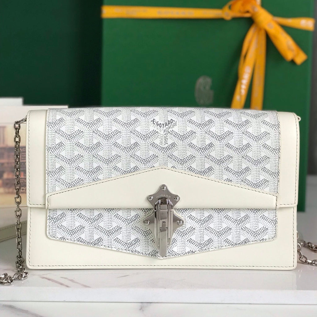 SAC DUCHESSE MARIE-CAROLINE 25 EN TOILE GOYARDINE BLANCHE ET CUIR DE VEAU LISSE