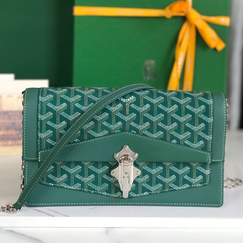 SAC DUCHESSE MARIE-CAROLINE 25 EN TOILE GOYARDINE VERTE ET CUIR DE VEAU LISSE