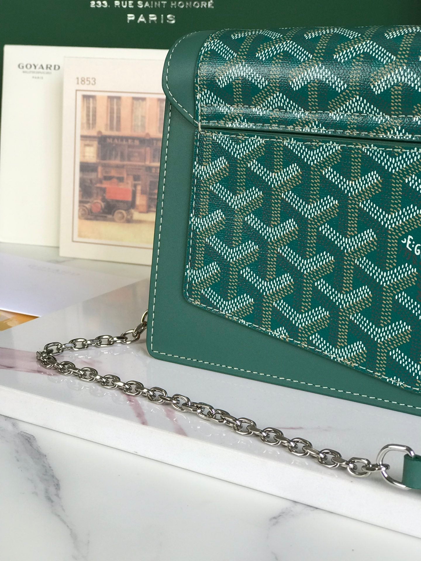 SAC DUCHESSE MARIE-CAROLINE 25 EN TOILE GOYARDINE VERTE ET CUIR DE VEAU LISSE