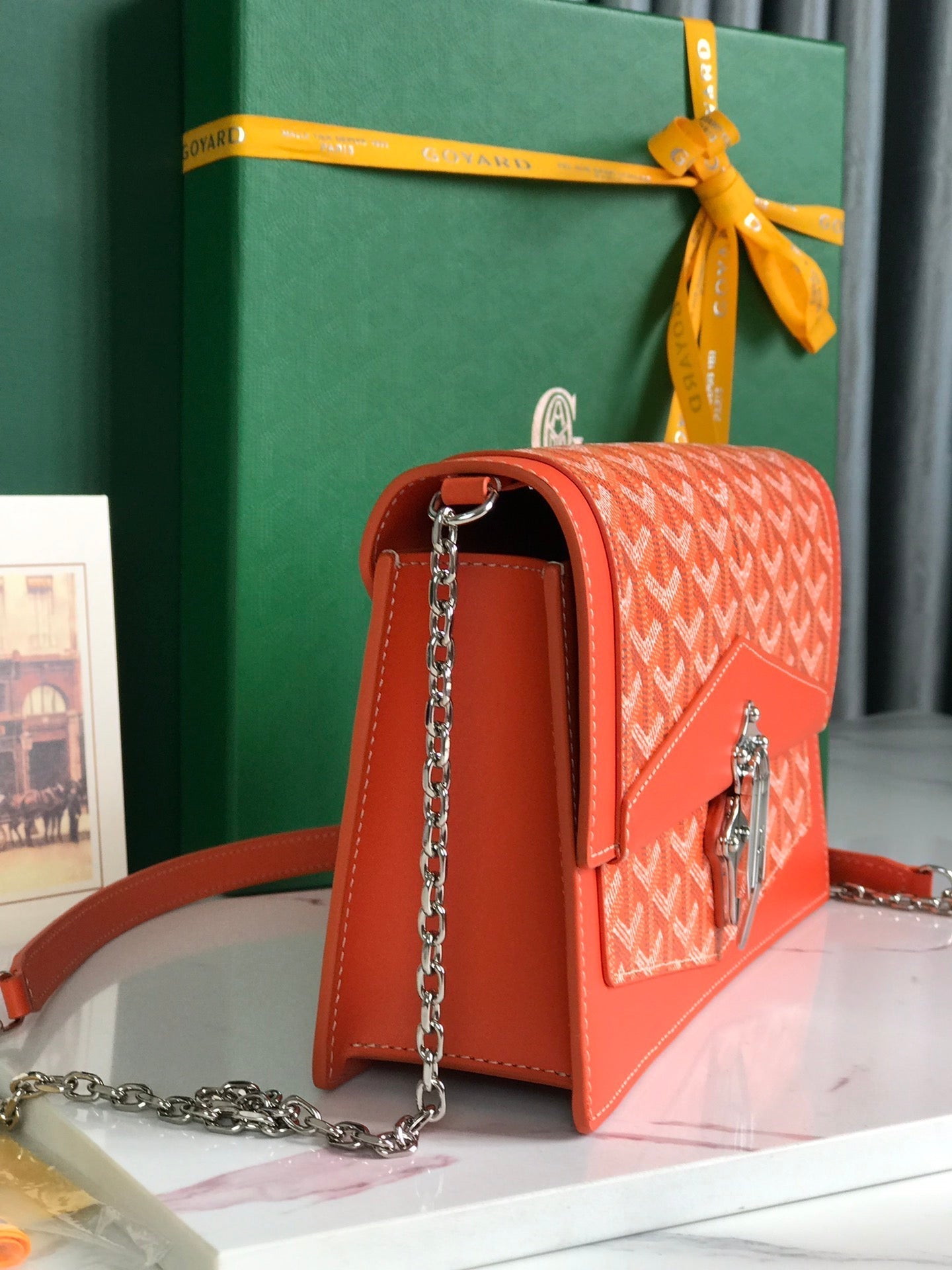 SAC DUCHESSE MARIE-CAROLINE 25 EN TOILE GOYARDINE ORANGE ET CUIR DE VEAU LISSE