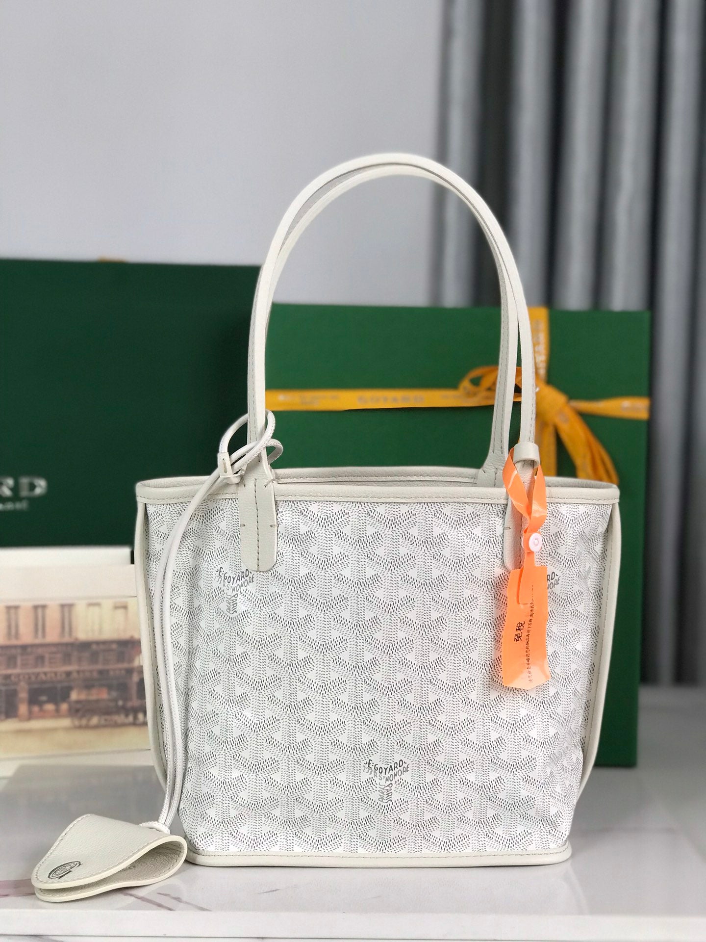 SAC ANJOU MINI 20 EN CUIR DE VEAU BLANC ET TOILE GOYARDINE