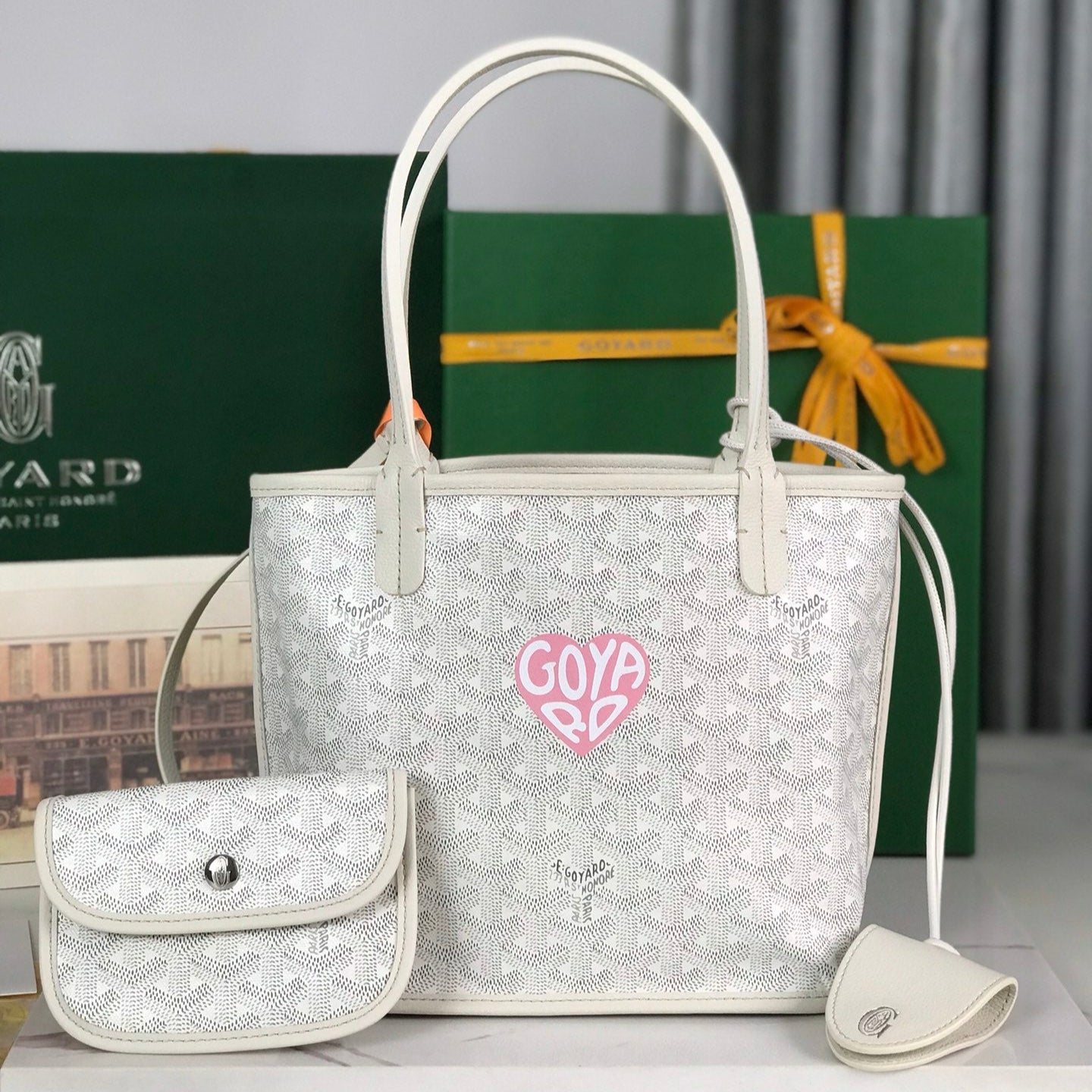 SAC ANJOU MINI 20 EN CUIR DE VEAU BLANC ET TOILE GOYARDINE