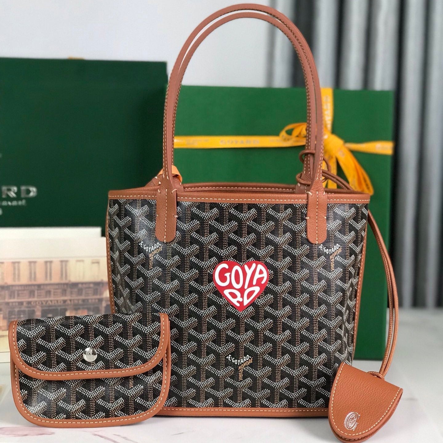 SAC ANJOU MINI 20 EN CUIR DE VEAU TAN ET TOILE GOYARDINE NOIRE