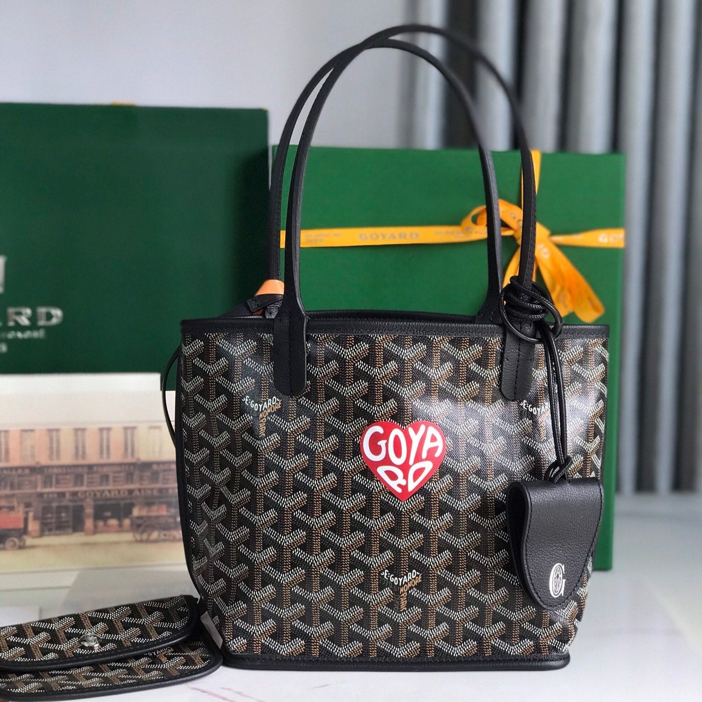 SAC ANJOU MINI 20 EN CUIR DE VEAU NOIR ET TOILE GOYARDINE