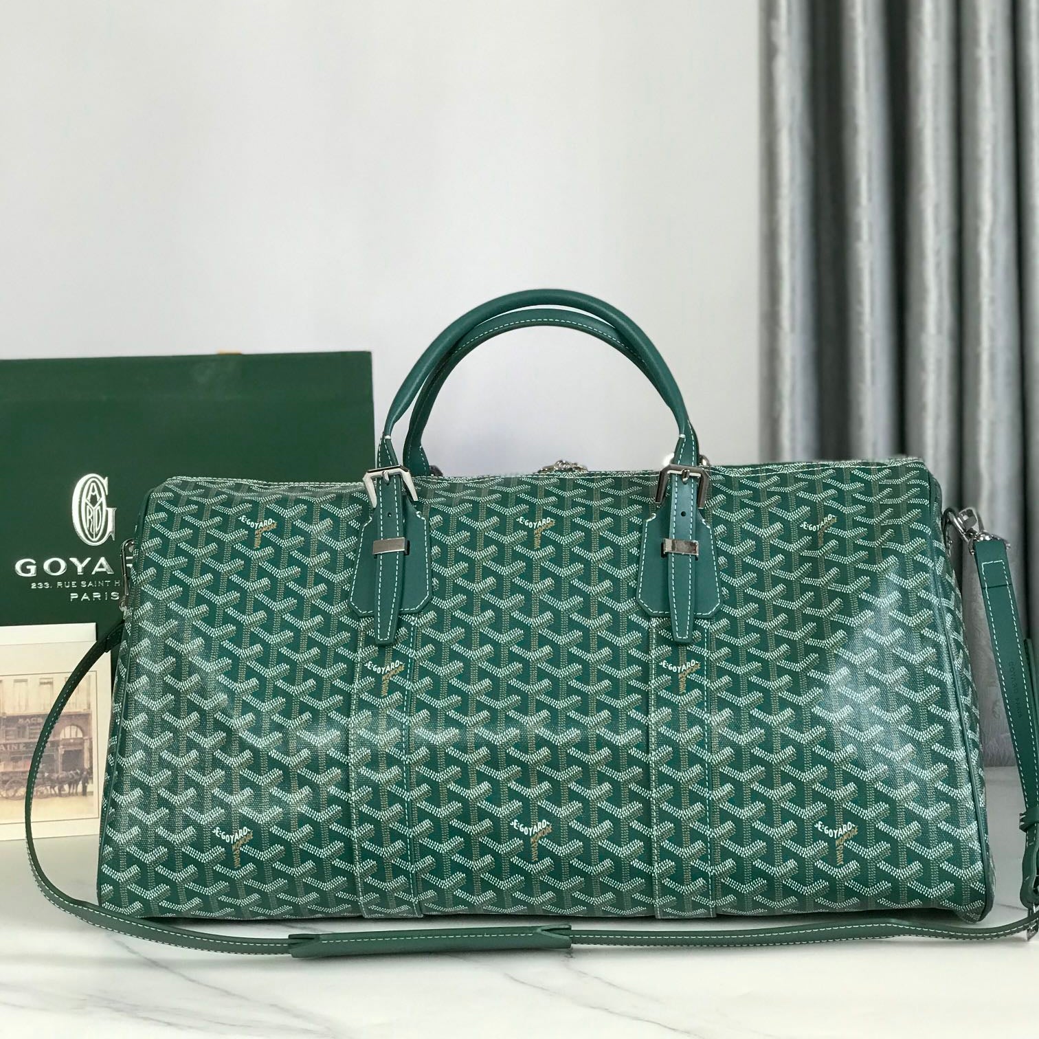 SAC BOSTON 50 EN TOILE GOYARDINE VERTE ET GARNITURES EN CUIR DE VEAU