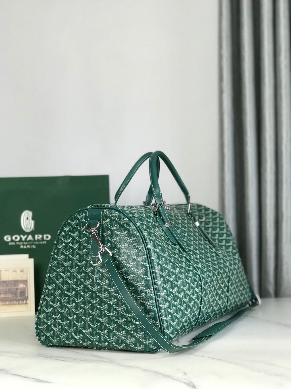 SAC BOSTON 50 EN TOILE GOYARDINE VERTE ET GARNITURES EN CUIR DE VEAU