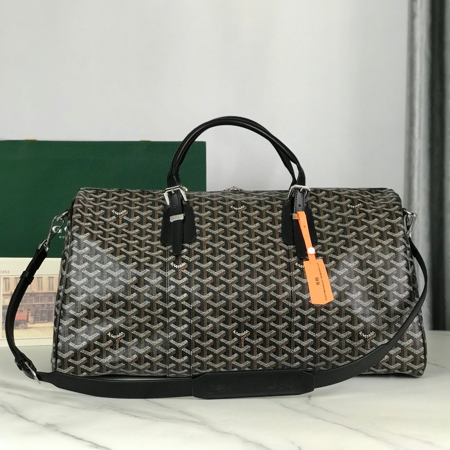 SAC BOSTON 50 EN TOILE GOYARDINE NOIRE ET GARNITURES EN CUIR DE VEAU