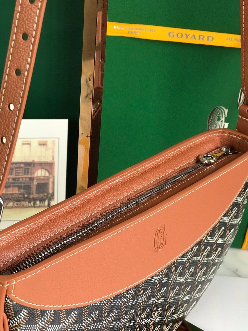 SAC HIRONDELLE 25 EN AGNEAU TAN ET TOILE GOYARDINE NOIRE