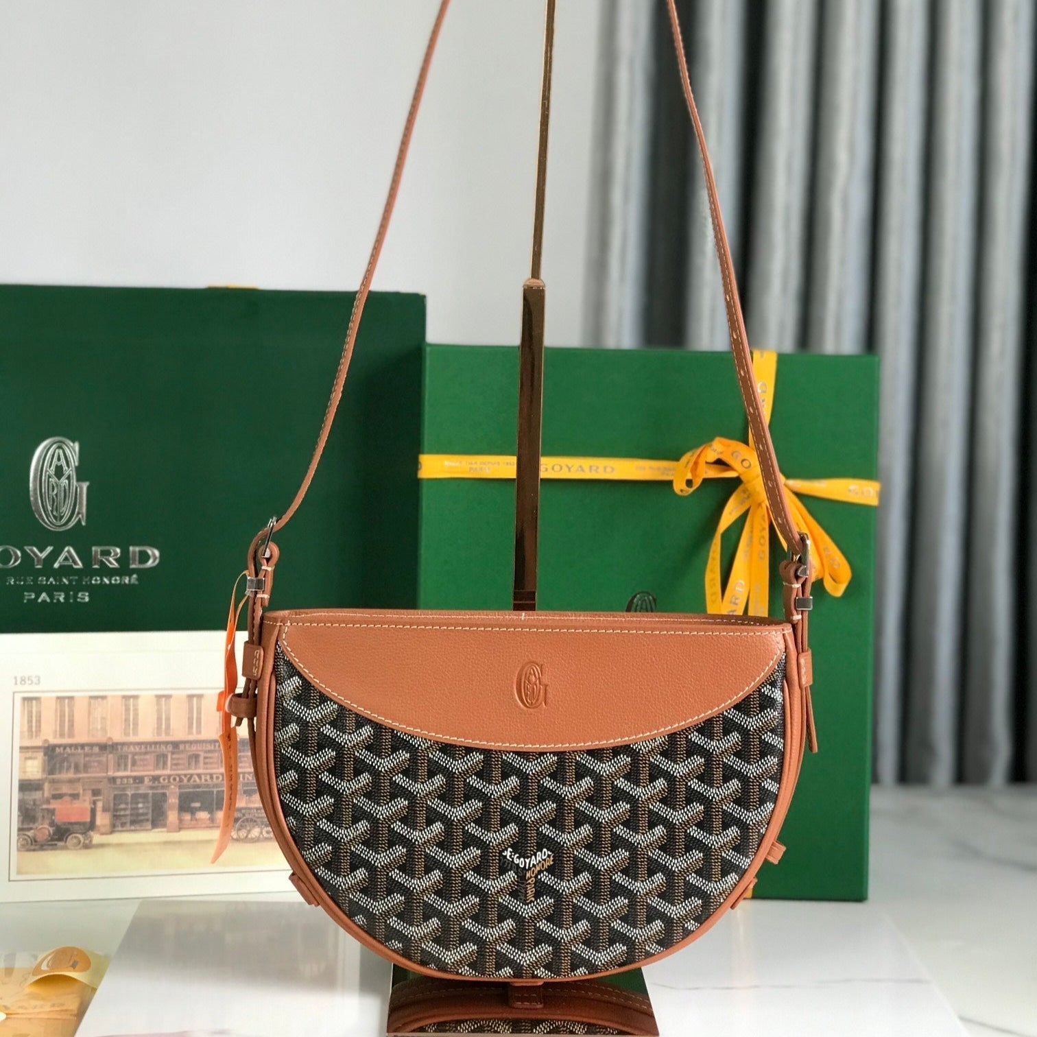 SAC HIRONDELLE 25 EN AGNEAU TAN ET TOILE GOYARDINE NOIRE