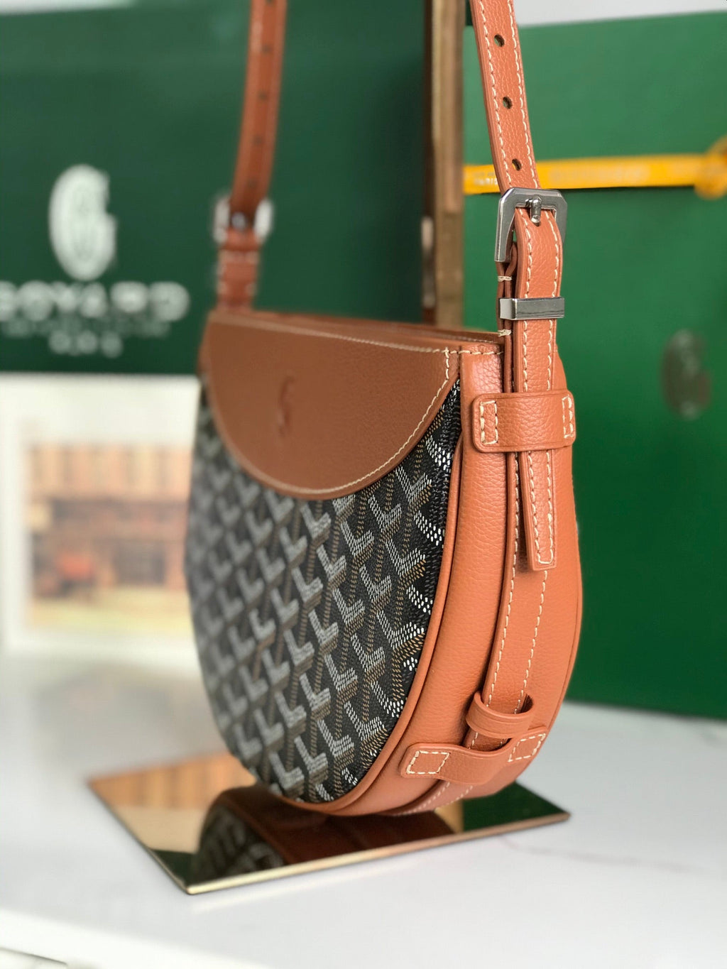 SAC HIRONDELLE 25 EN AGNEAU TAN ET TOILE GOYARDINE NOIRE