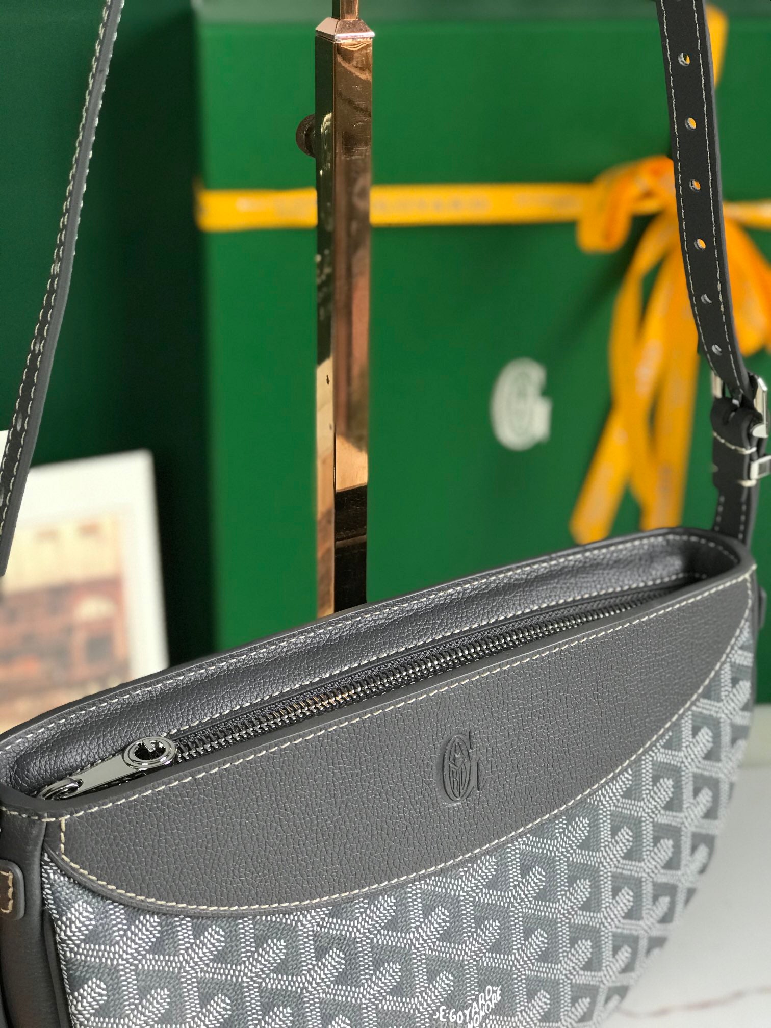 SAC HIRONDELLE 25 EN AGNEAU GRIS ET TOILE GOYARDINE