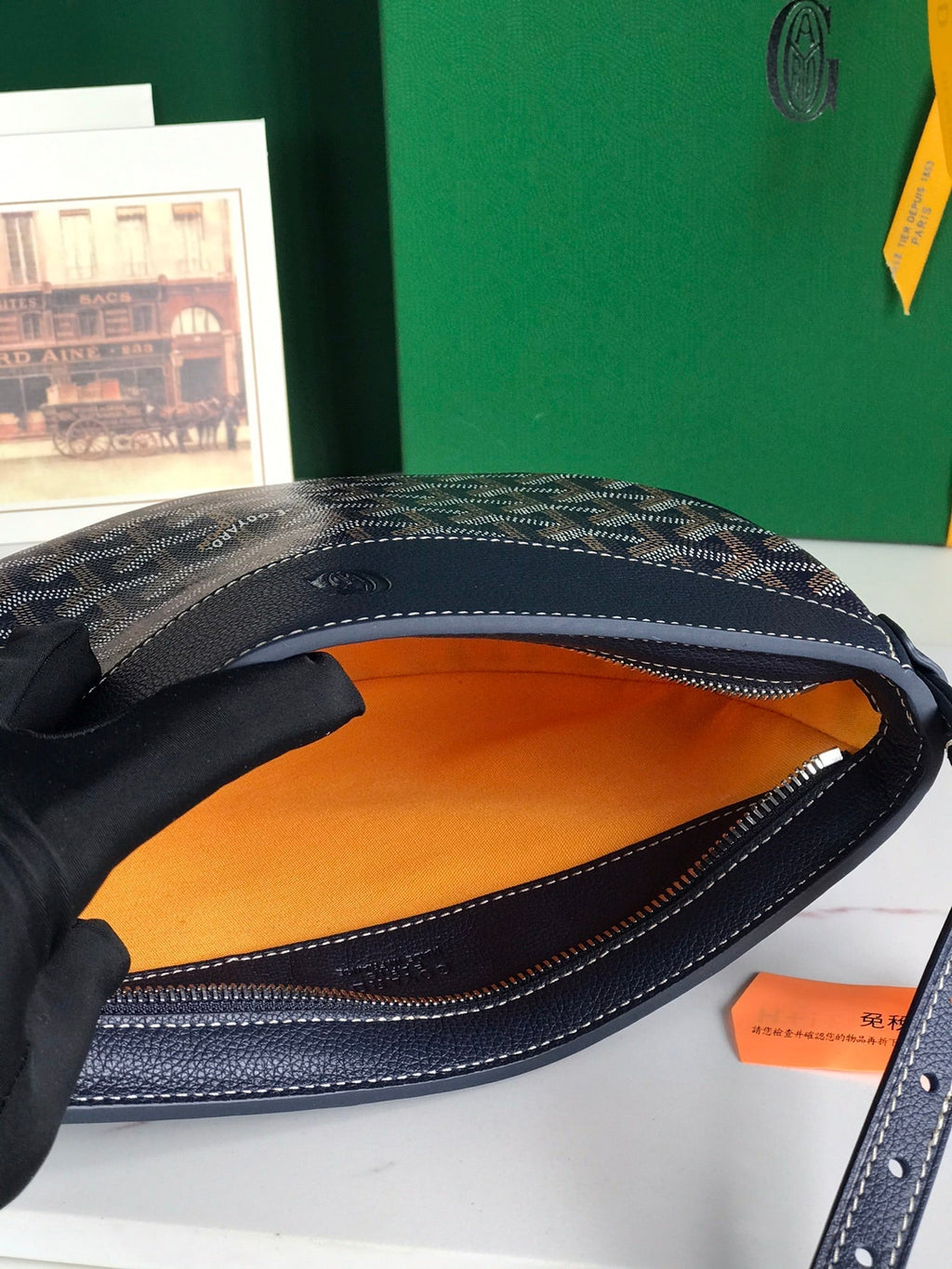 SAC HIRONDELLE 25 EN AGNEAU BLEU MARINE ET TOILE GOYARDINE