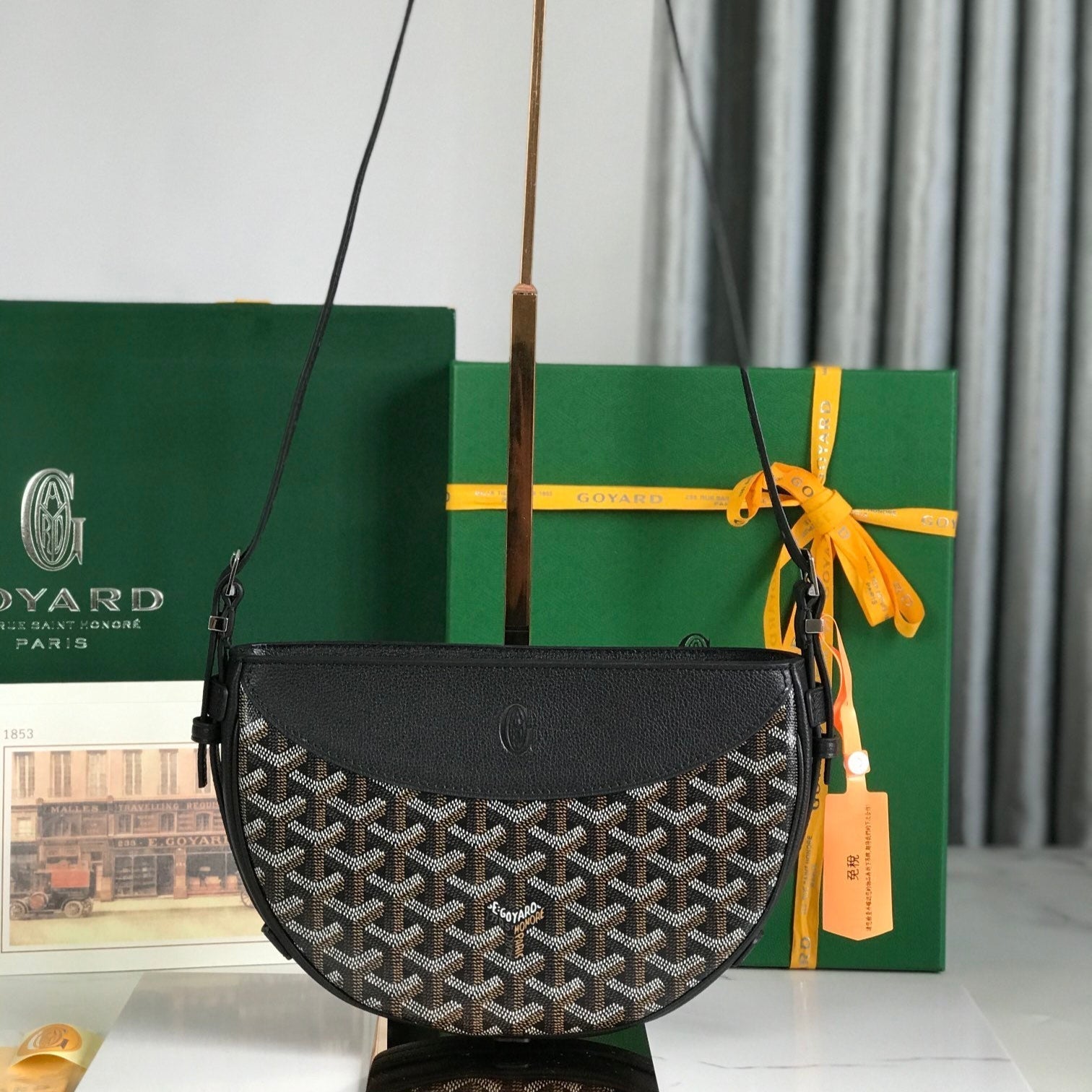 SAC HIRONDELLE 25 EN CUIR D'AGNEAU NOIR ET TOILE GOYARDINE