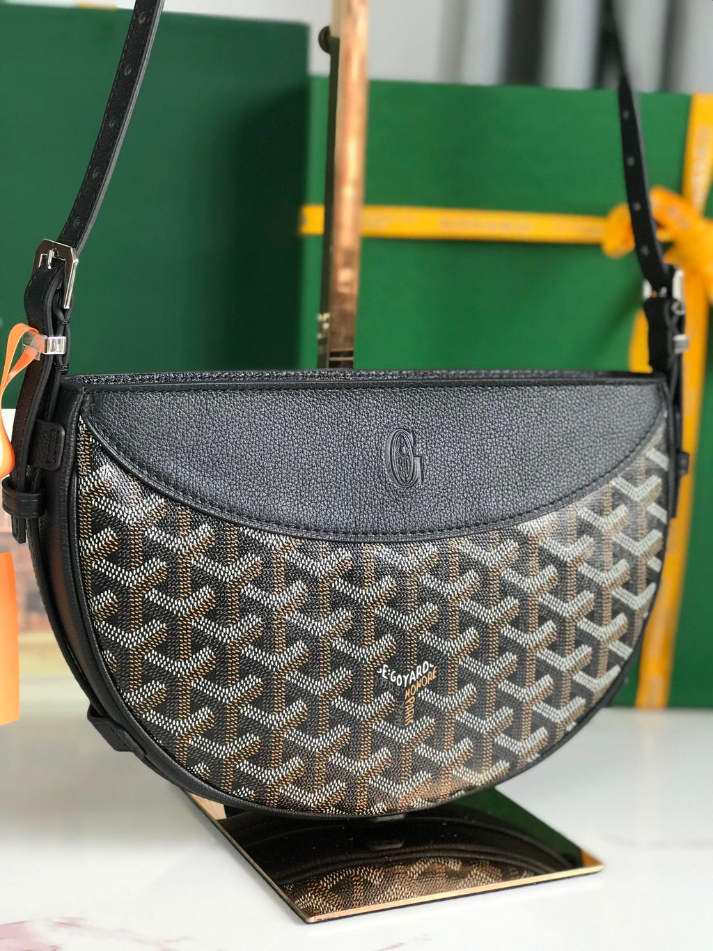 SAC HIRONDELLE 25 EN CUIR D'AGNEAU NOIR ET TOILE GOYARDINE