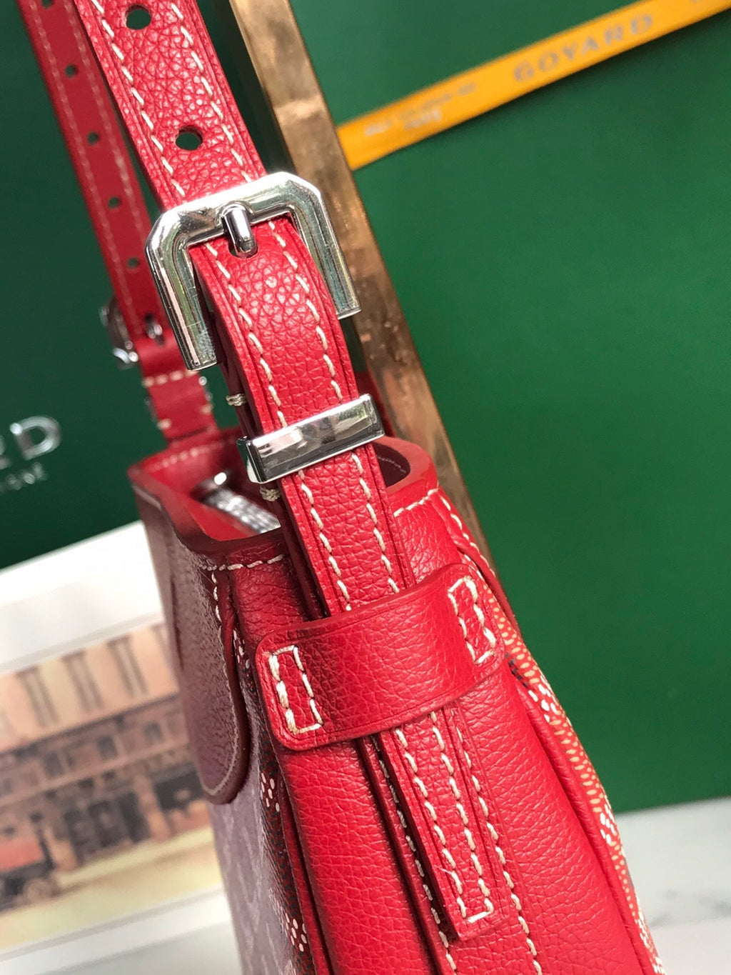 SAC HIRONDELLE 25 EN CUIR D'AGNEAU ROUGE CLASSIQUE ET TOILE GOYARDINE