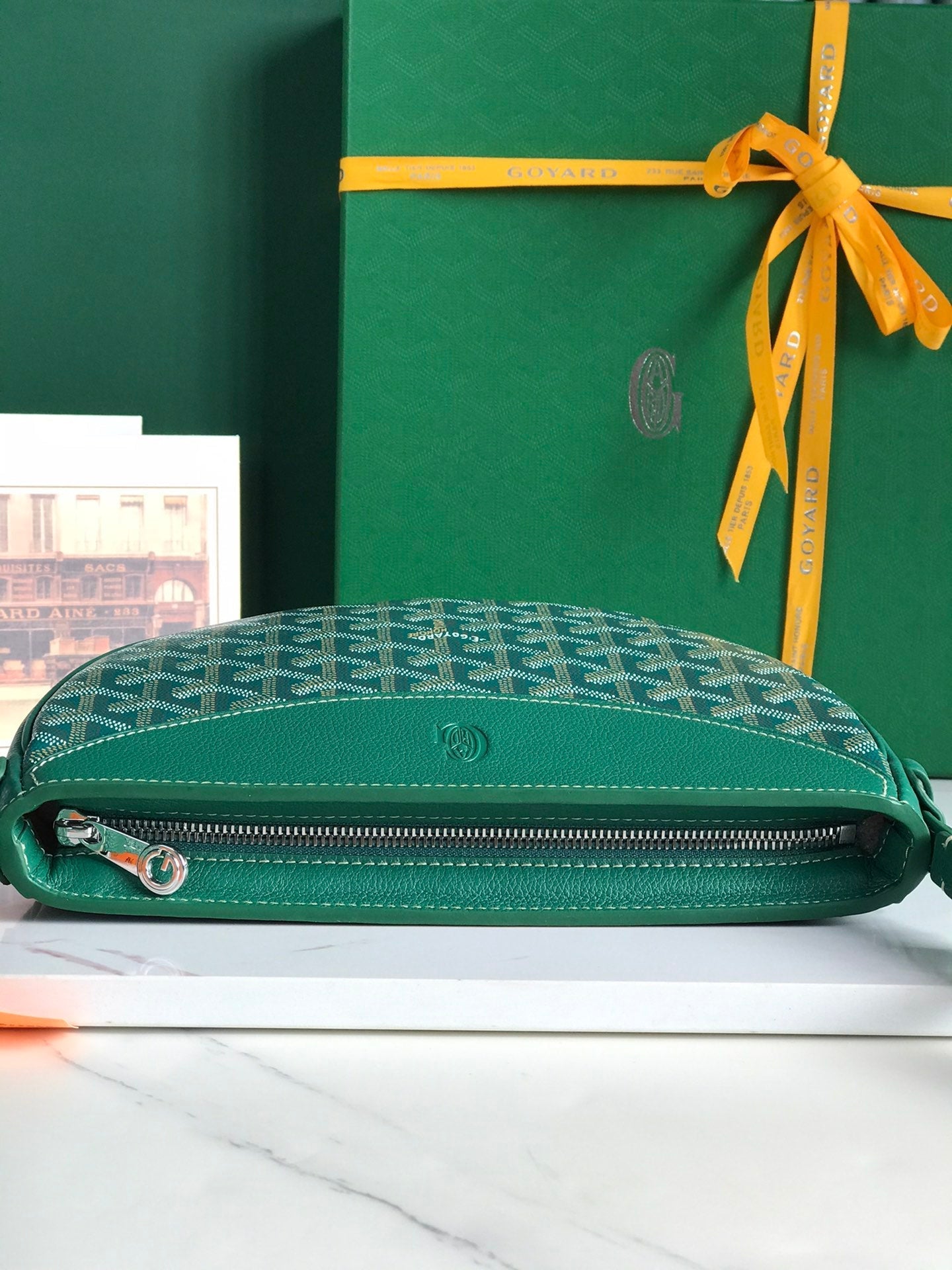 SAC HIRONDELLE 25 EN AGNEAU VERT ET TOILE GOYARDINE