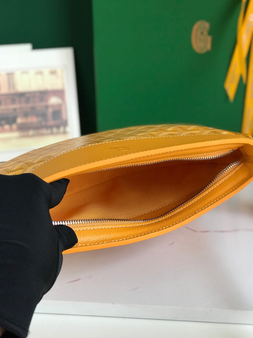 SAC HIRONDELLE 25 EN CUIR D'AGNEAU JAUNE ET TOILE GOYARDINE
