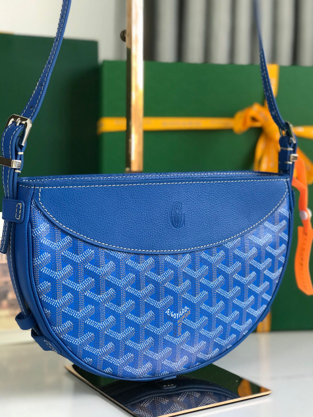 SAC HIRONDELLE 25 EN AGNEAU BLEU SAPHIR ET TOILE GOYARDINE