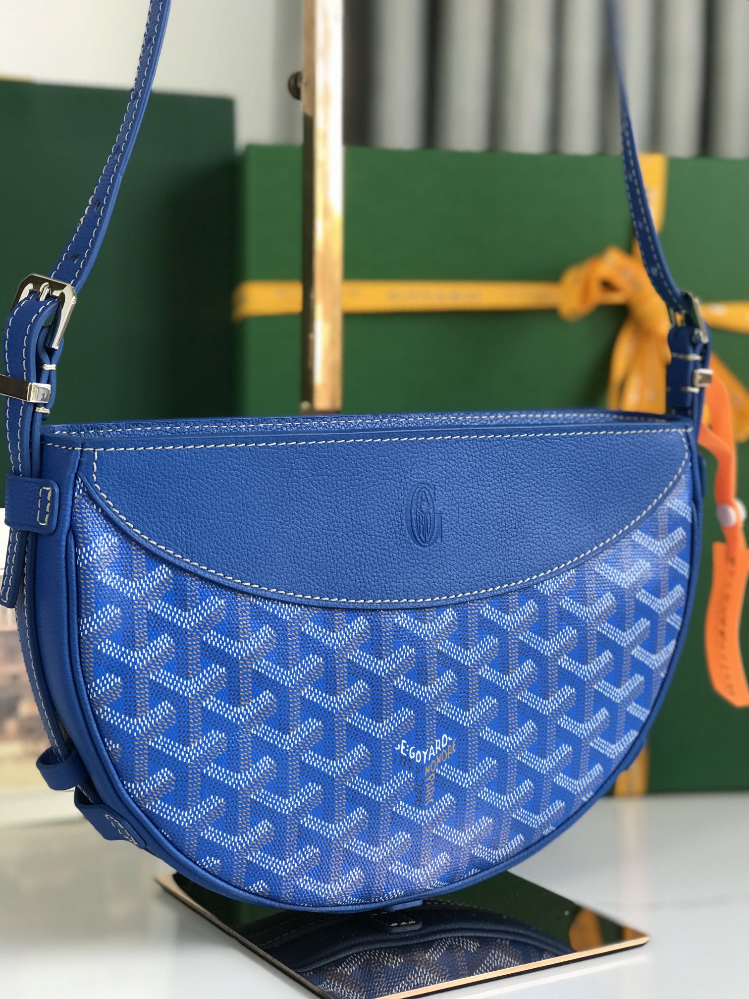 SAC HIRONDELLE 25 EN AGNEAU BLEU SAPHIR ET TOILE GOYARDINE