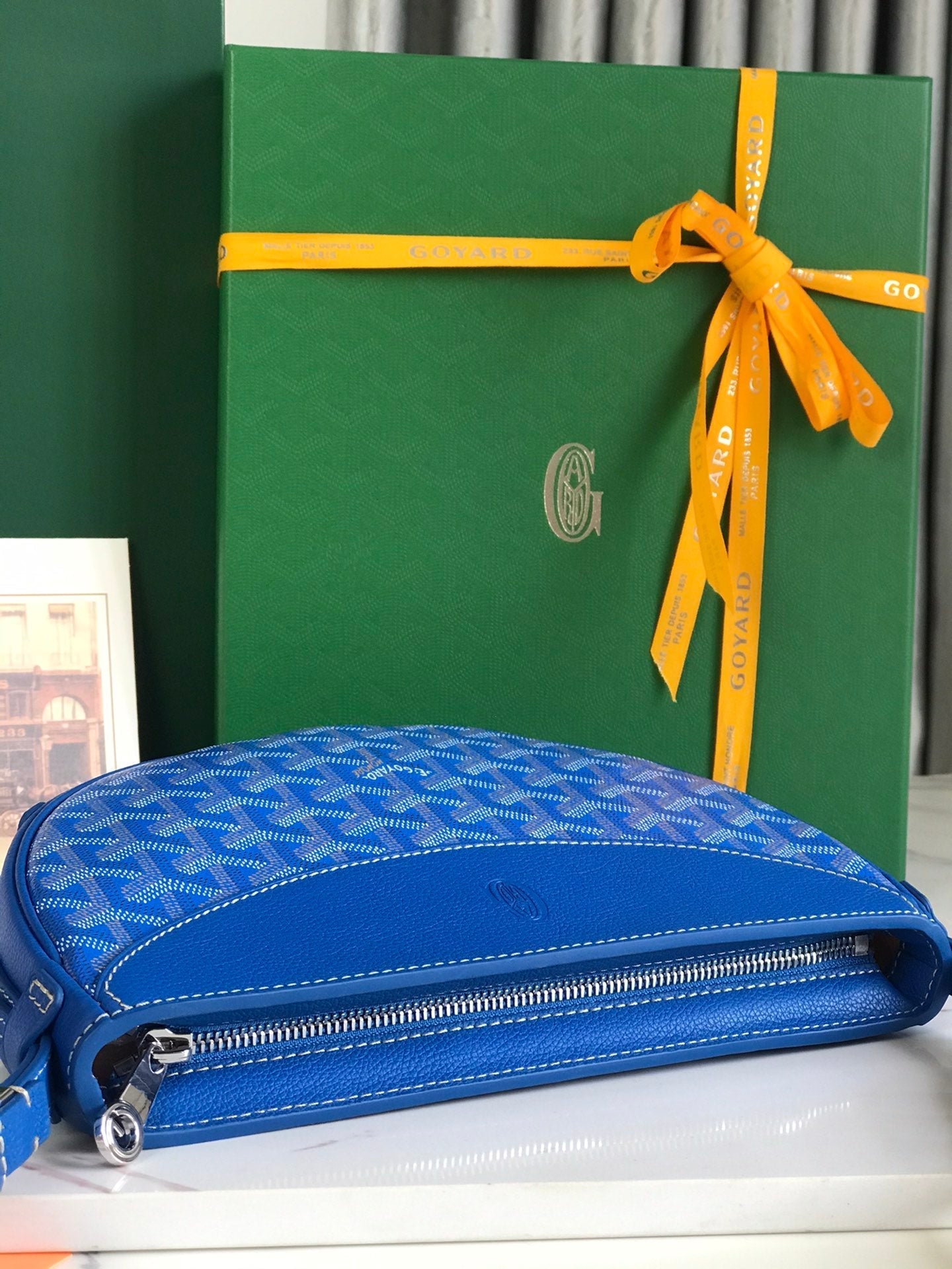 SAC HIRONDELLE 25 EN AGNEAU BLEU SAPHIR ET TOILE GOYARDINE