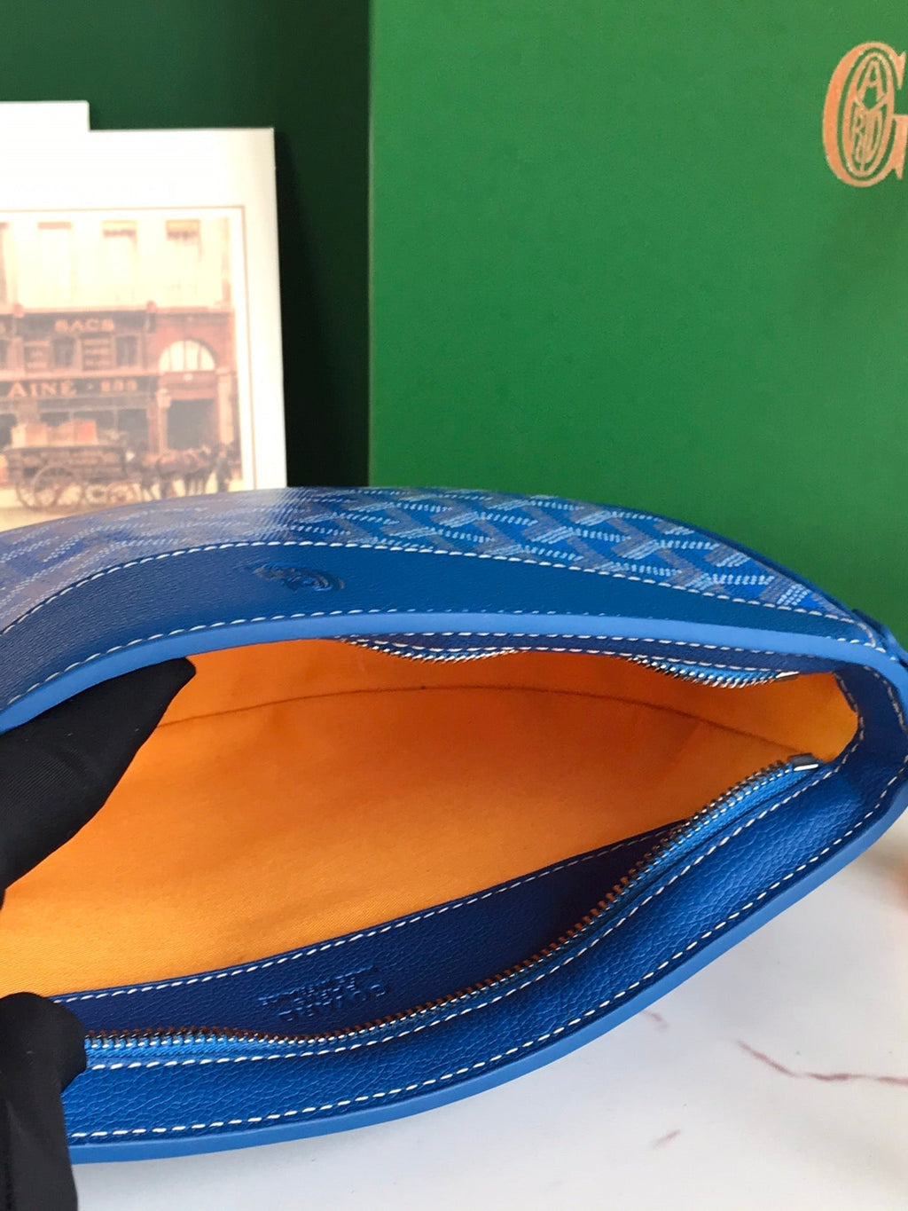 SAC HIRONDELLE 25 EN AGNEAU BLEU SAPHIR ET TOILE GOYARDINE
