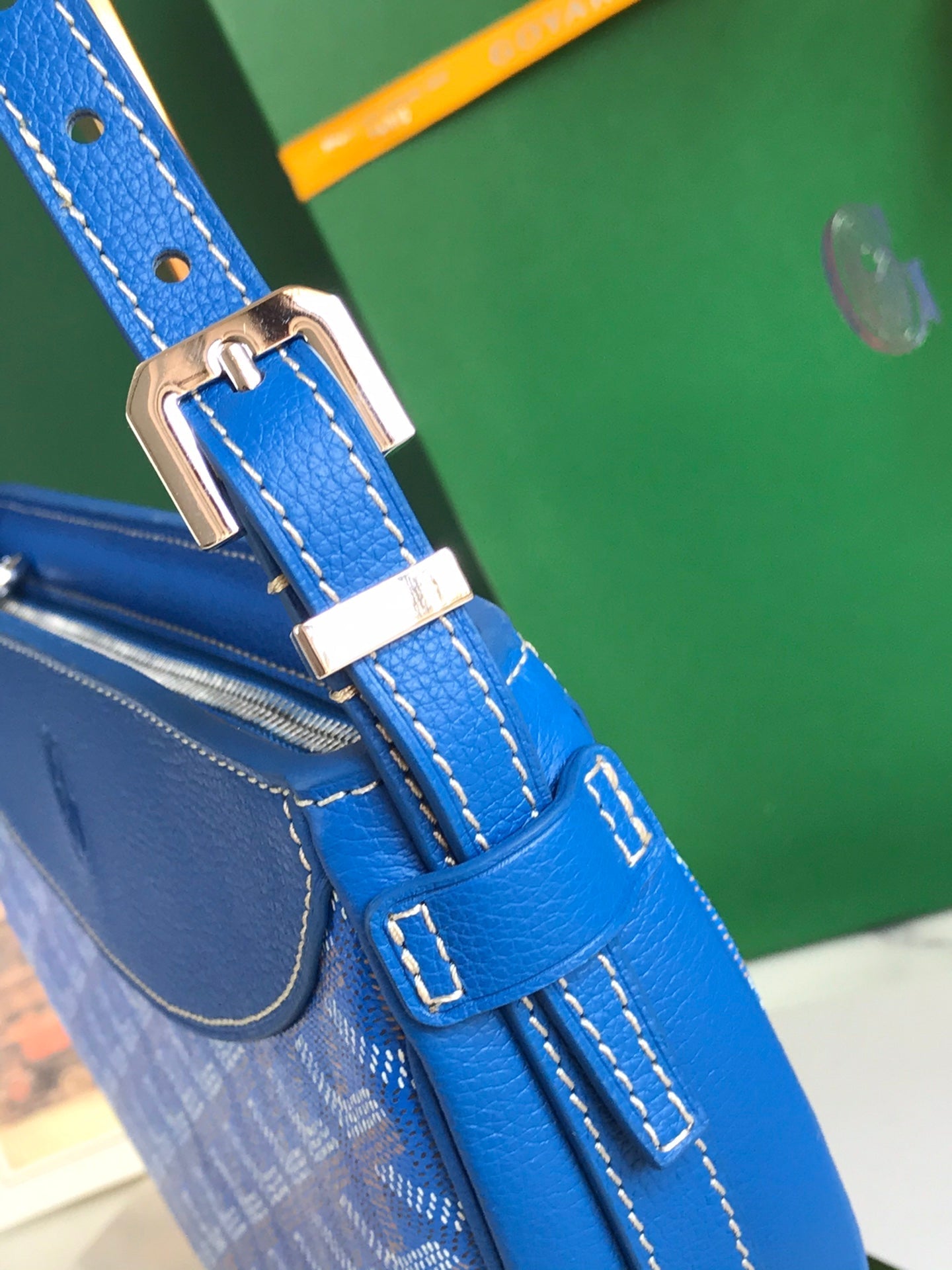 SAC HIRONDELLE 25 EN AGNEAU BLEU SAPHIR ET TOILE GOYARDINE