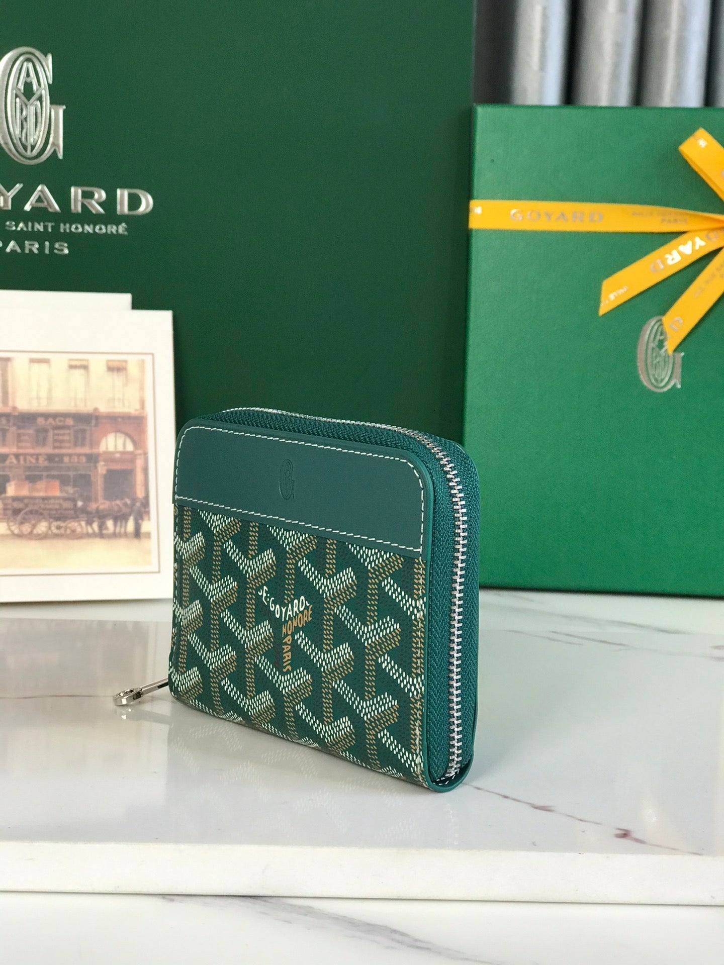 PORTEFEUILLE MINI MATIGNON 11 EN TOILE GOYARDINE VERTE ET CUIR DE VEAU